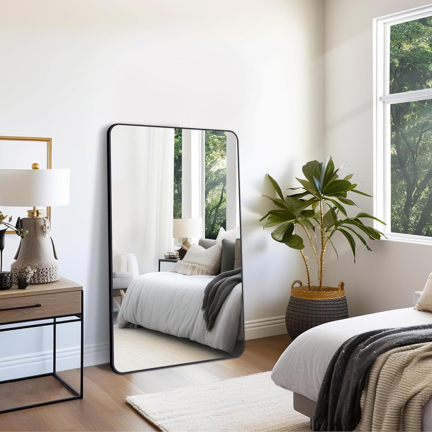 FORBATH Large Bathroom Mirror 36 x 55 Inches，Black Large Wall Mirror Aluminum Frame Wall Mounted Rounded Corner Morndern Mirror for Bathroom Bedroom Entryway Living Room