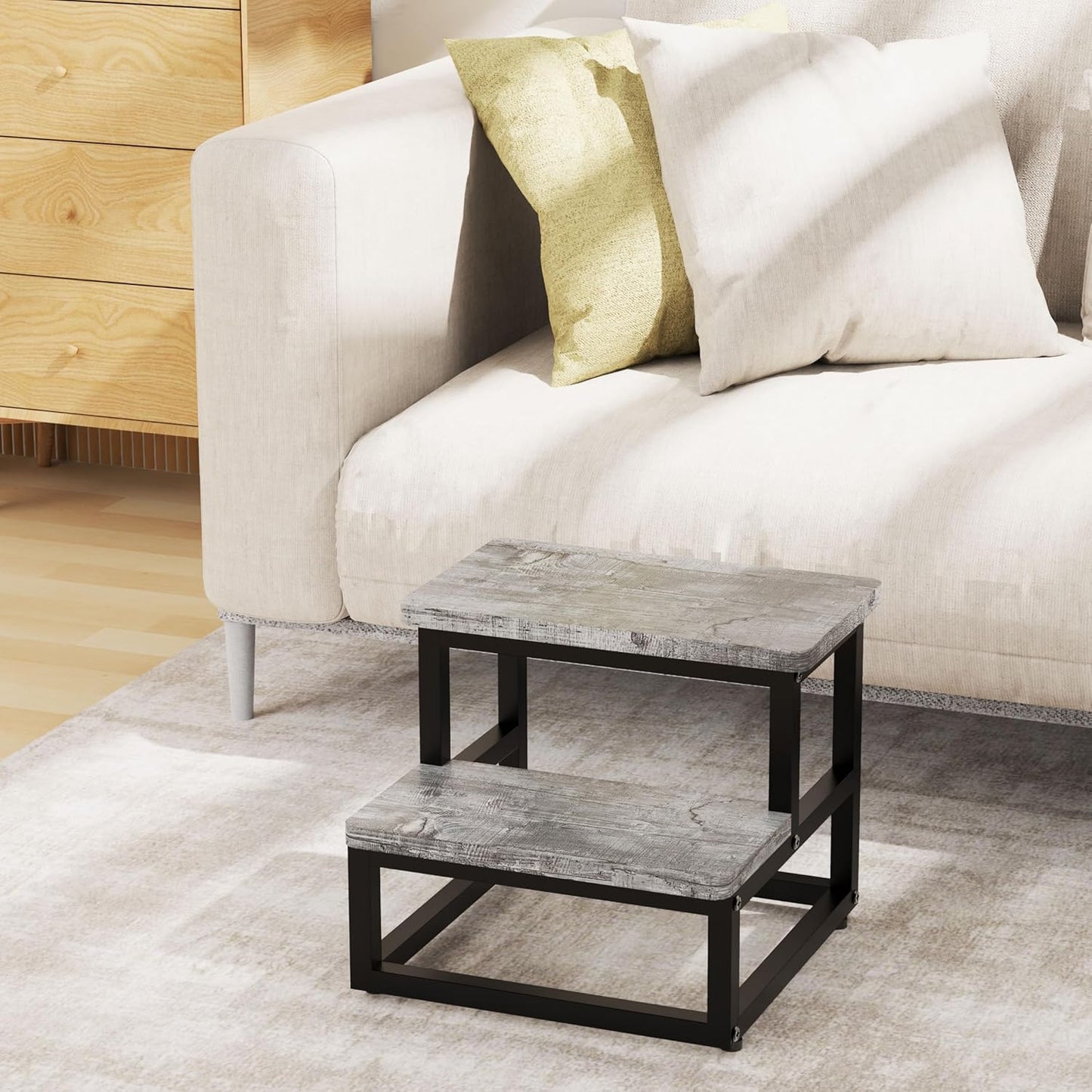 Step Stools for Kids Adults, Heavy Duty Stepping Stools Bed Steps for High Beds, Non-Slip Metal and Wooden 2 Steps Foot Stool for Bedside Kitchen, Round Corner, 500 Lbs Capacity, Gray Pattern