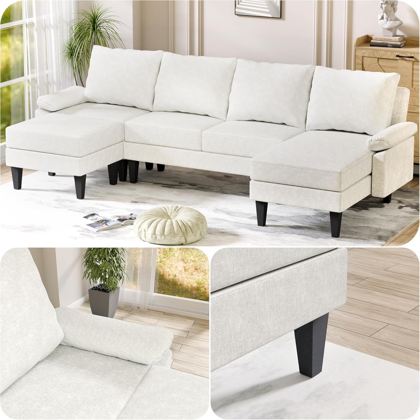 115 Inch U Shaped Sectional Couch with Chaise, 5-Seat Sofa with Moveable Ottoman, Modern Modular Sofa for Living Room, Apartment, Off-White