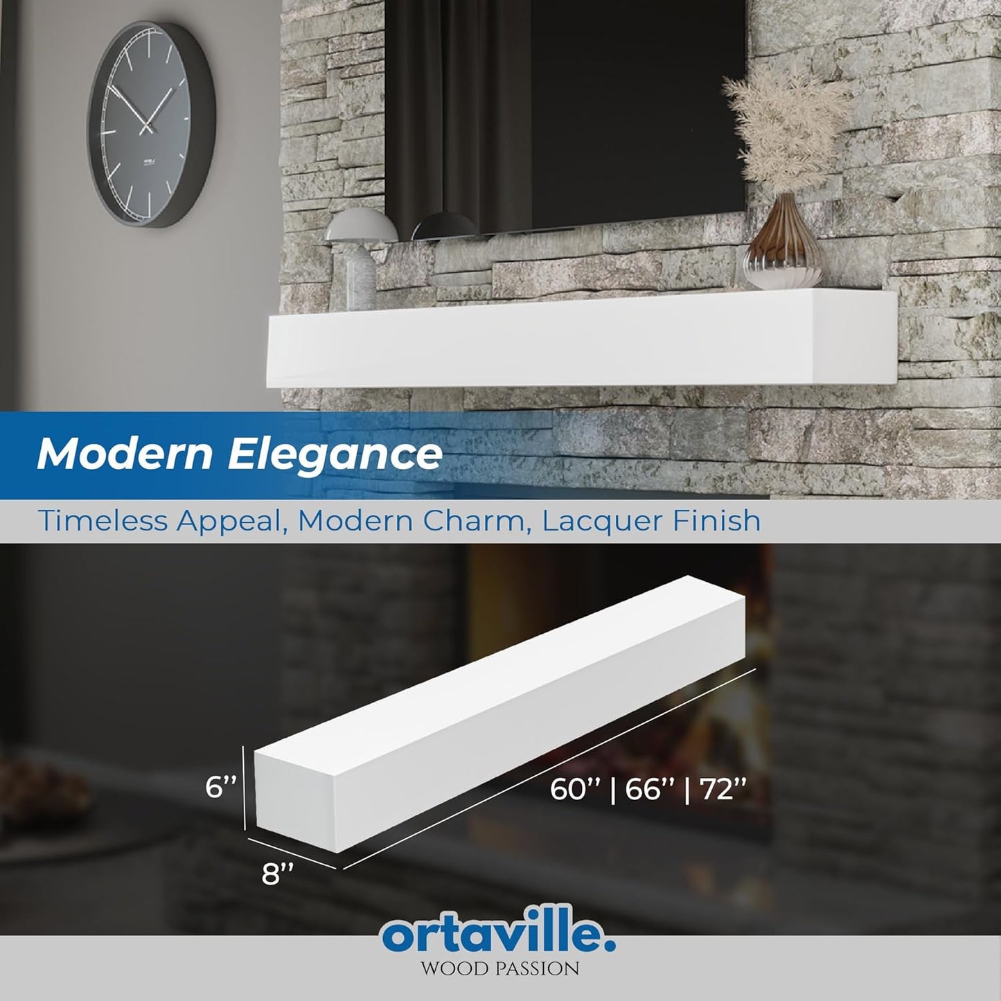 72" Floating Mantel Shelf - Modern White Fireplace Mantel with Matte Lacquer Finish for Living Room Elegance (72", White)
