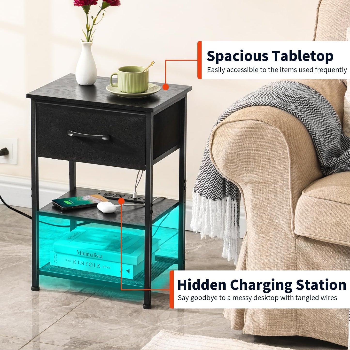 Nightstands Set of 2 with Charging Station and Drawer, End Table Side Table with 20 Colors LED Light Strip and 2 Layers Shelf for Bedroom Living Room Sofa (Black)