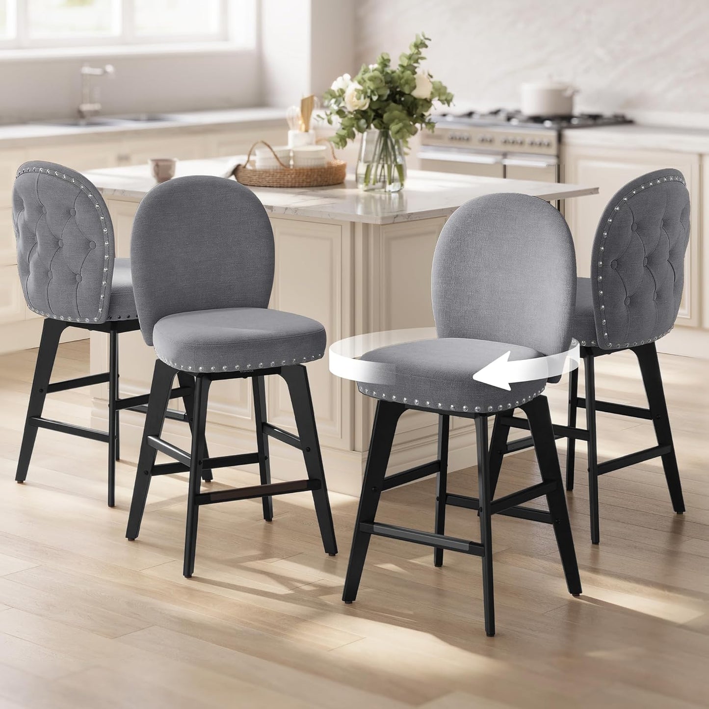 VASAGLE Bar Stools Set of 4, Swivel Counter Height Bar Stools with Back and Wood Legs, Chenille Fabric Upholstered Barstools, 26.2-Inch Tall Counter Barstools for Kitchen Island, Slate Gray