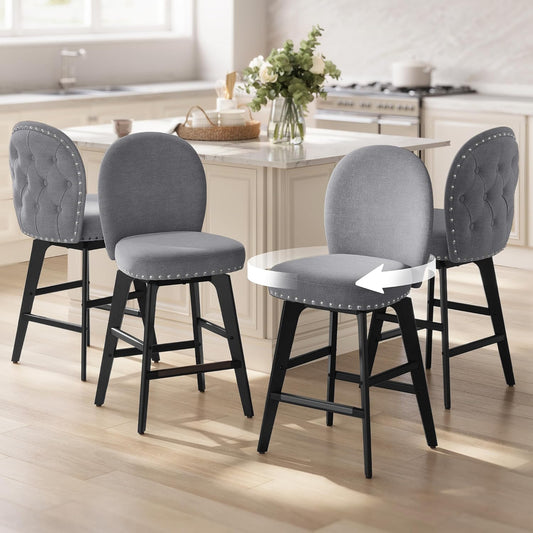 VASAGLE Bar Stools Set of 4, Swivel Counter Height Bar Stools with Back and Wood Legs, Chenille Fabric Upholstered Barstools, 26.2-Inch Tall Counter Barstools for Kitchen Island, Slate Gray