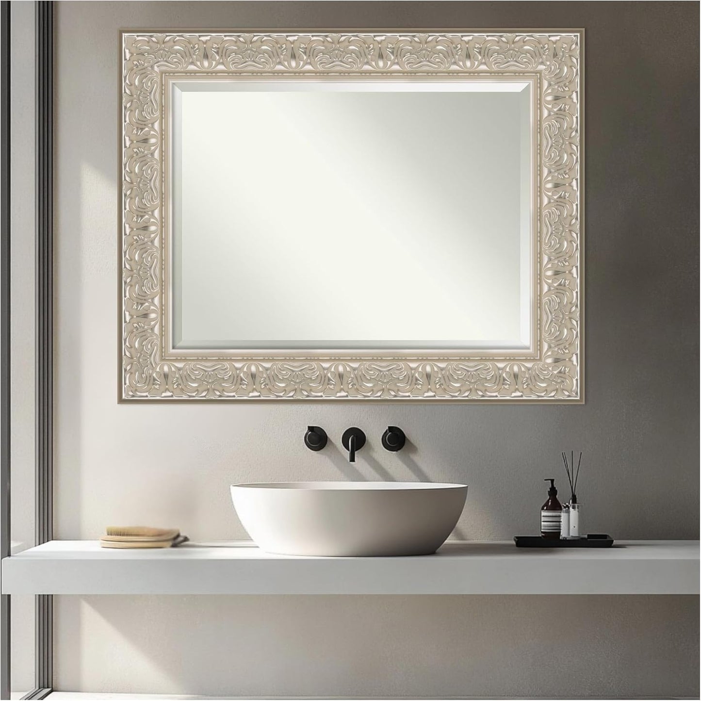 Amanti Art Silver Bathroom Mirror for Over Sink, 31x25 Luxe Silver Cream Rectangle Vanity Mirror, Medium Traditional Frame, Hangs Horizonally and Vertically, Bathroom Wall Decor, Beveled Edge