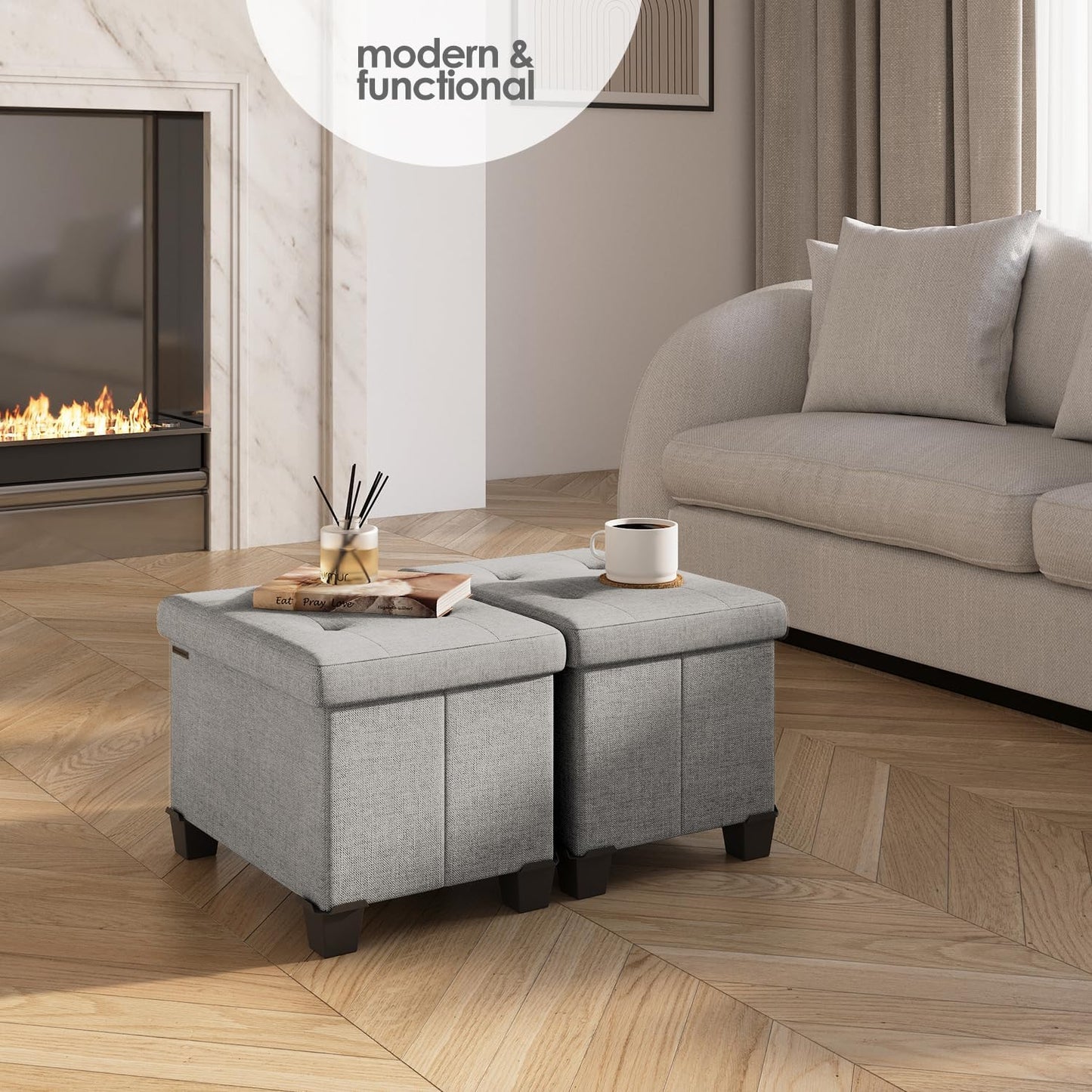 STORAGEBUD Storage Ottoman Cube with Small Bin, 16-in Square Ottoman with Storage for Living Room and Bedroom, Small Ottomans Foot Rest, Fabric Foot Stools Ottomans Max 330lbs, Light Grey