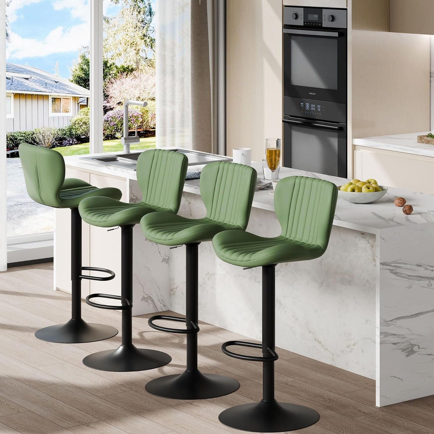 Shintenchi Bar Stools Set of 4 Modern Swivel Bar Chairs, Counter Height Faux Leather Metal Barstools, Upholstered Island Chairs with Back and Footrest, Green