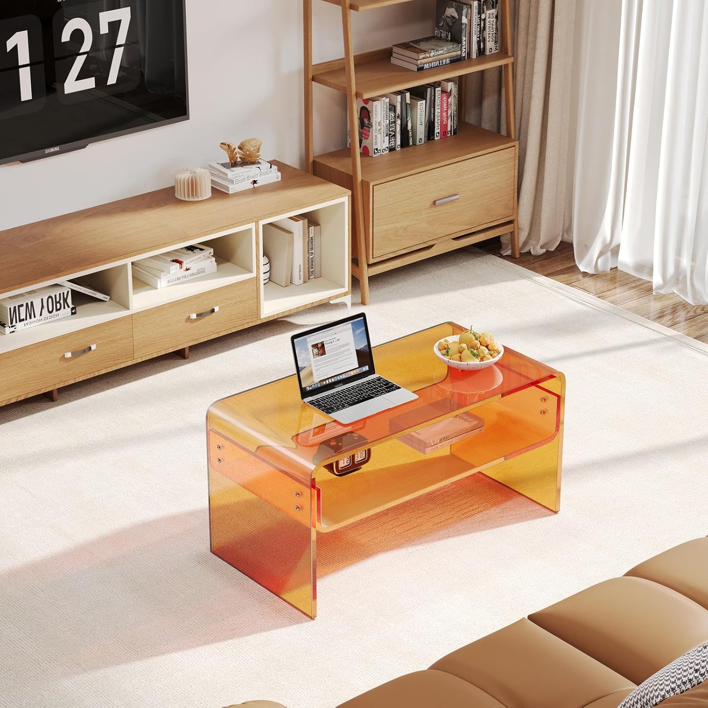 Acrylic Coffee Table, Orange Rectangle Acrylic Side Table Furniture, Modern Tea Table with Open Storage, Acrylic End Table for Living Room, Office Reception and Bedroom