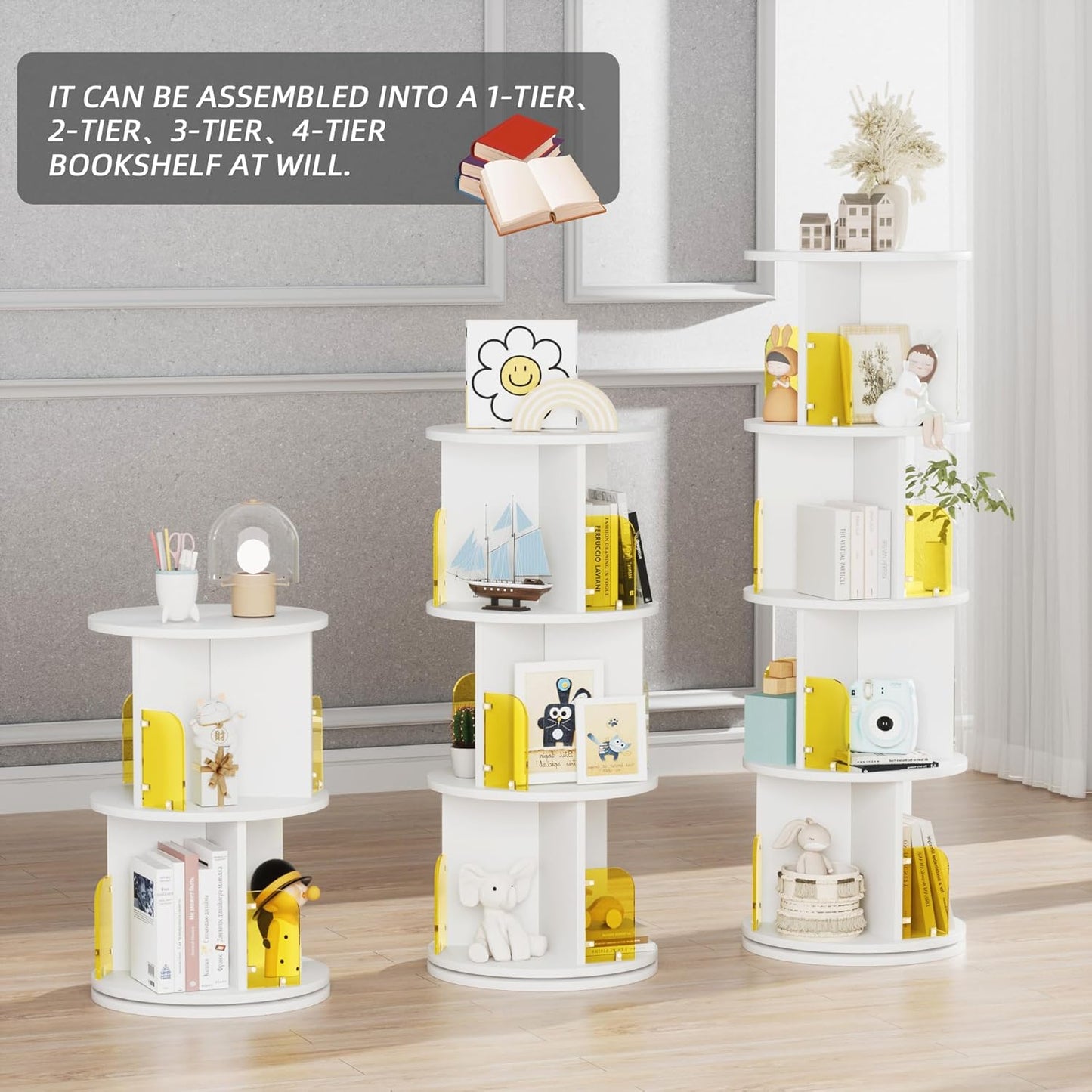 VECELO Rotating Bookshelf Tower, 360°Spinning Bookcase, Modern Tall Book Shelf Storage Display Rack Floor Standing, 4-Tier Swivel Storage Rack for Kids&Adults Solid Wood, White