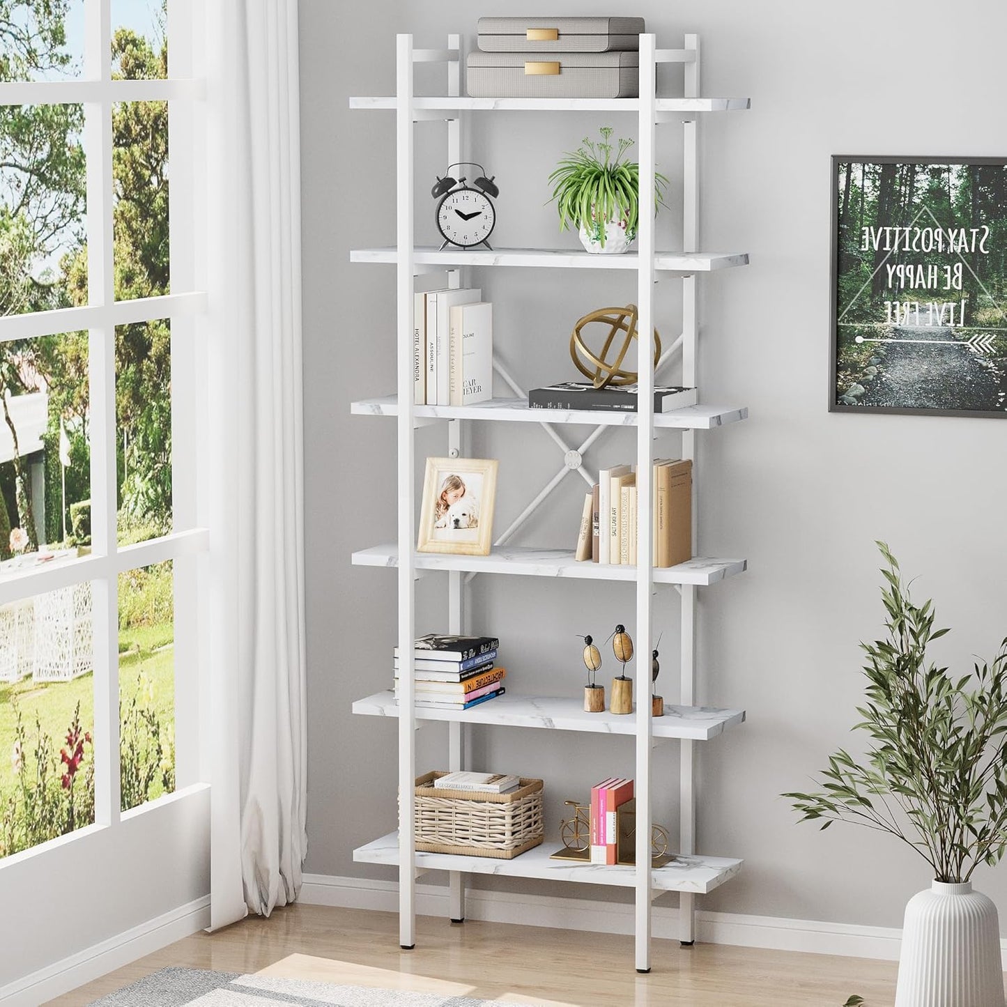 Bookshelf 6 Tiers White Wooden Storage Shelf,Modern Open Display Storage Bookcase Book Organizer,Metal Bookshelf Standing Storage Shelf Tall Shelving Units for Home Office Study