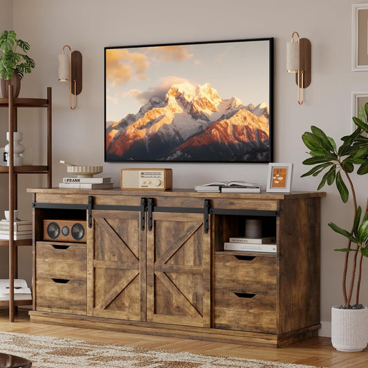 YESHOMY TV Stand for Televisions up to 65 Inchs, with Sliding Barn Doors and 4 Storage Drawers, Console Table and Media Furniture for Living Room, 58 Inch, Barnwood