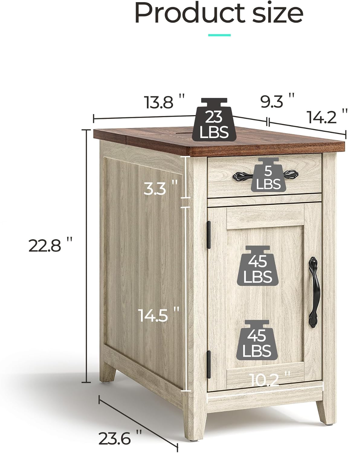 LINSY HOME End Table Set of 2 with Charging Station, Modern Farmhouse Sofa Couch Side Table, Wooden Bedside Table for Living Room Bedroom, Narrow Nightstand with Storage Cabinet for Small Space