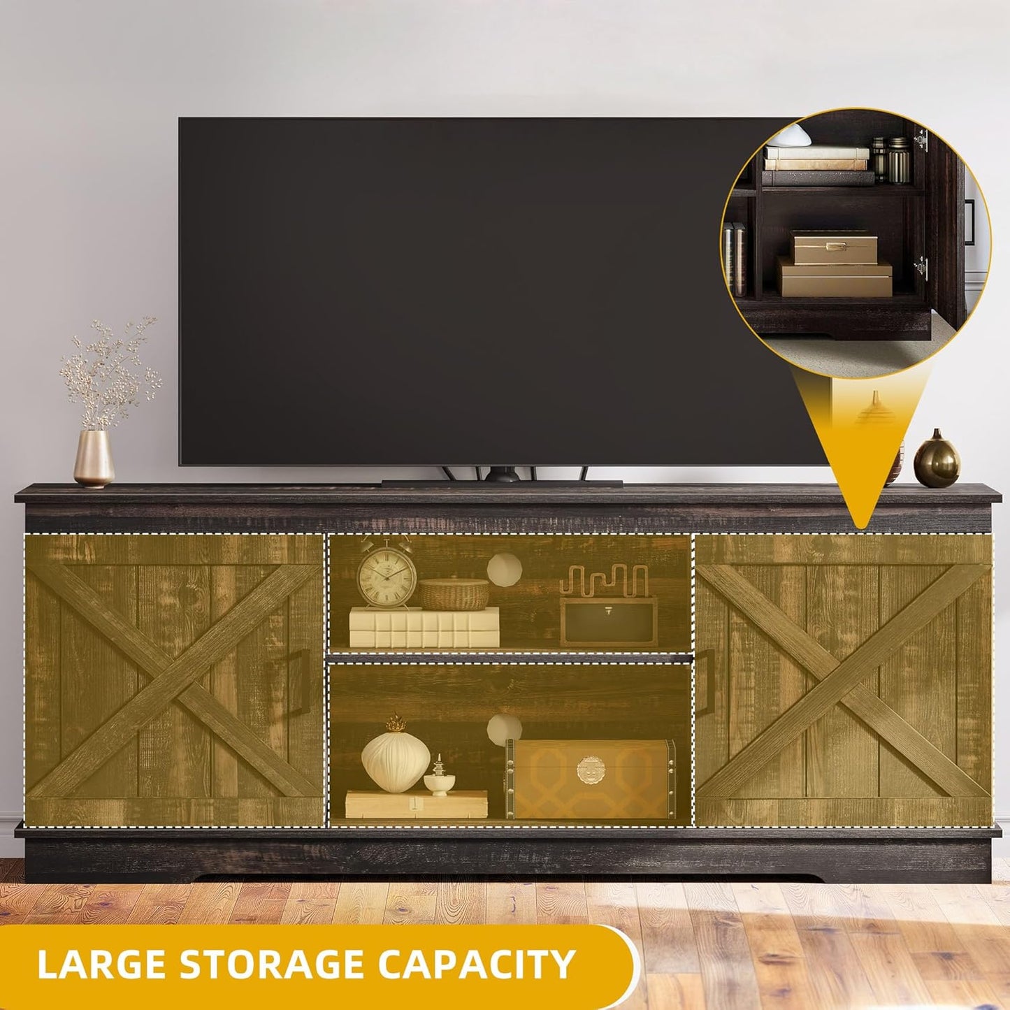 DWVO Farmhouse TV Stands for Living Room, Entertainment Center with Storage, TV Stand for 65 Inch TV with Double Barn Doors & Storage Cabinets, Rustic TV Cabinet Media Console, Dark Oak