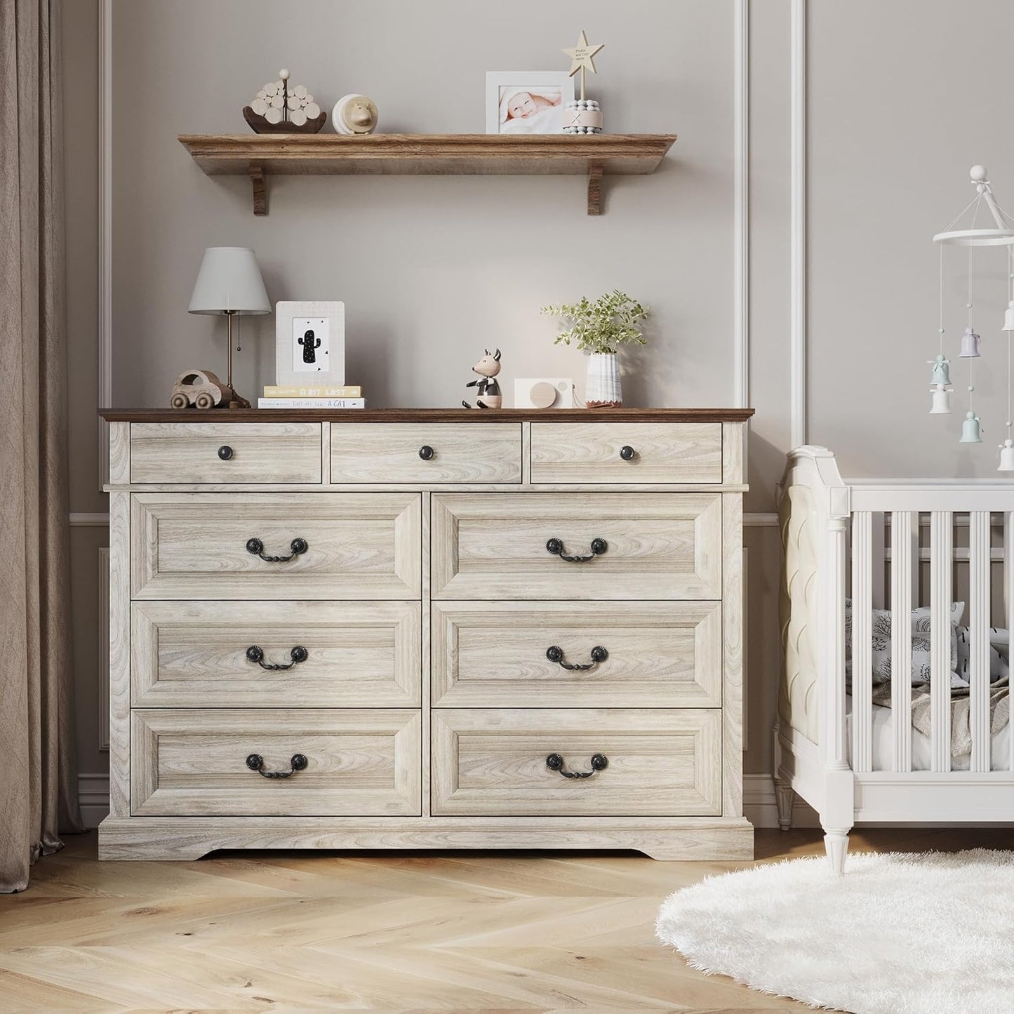 LINSY HOME 9 Drawers Dresser for Bedroom, 54" Wide Wooden Storage Chest with Antique Handles, Modern Farmhouse Large Dresser TV Stand, Chest of Drawers for Closet, Living Room, Hallway, Beige