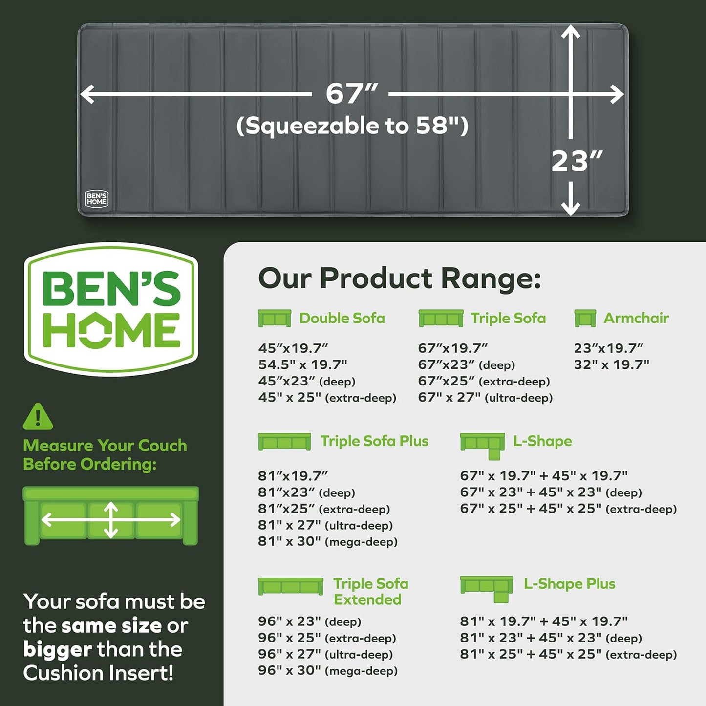 BEN'SHOME® Deep Couch Cushion Support for fix Sagging Seats - Heavy Duty Solid .5" Wood Sofa Support Board | Adjustable 58"-67" x 23" Under Cushion Insert | Non-Slip Furniture Saver | 400 LB Capacity