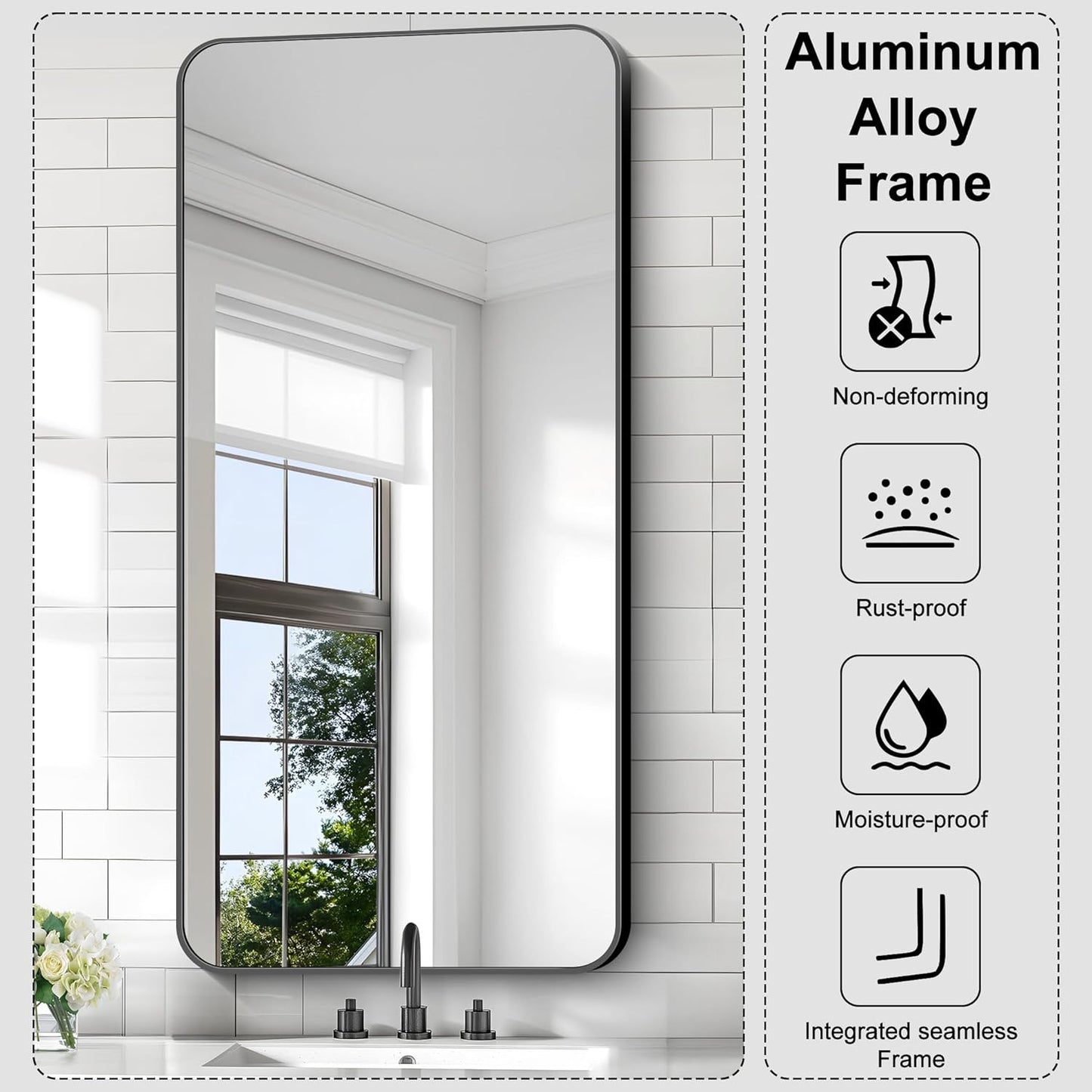 KOCUUY Black Bathroom Vanity Mirror, 24 x 48 inch Metal Frame Mirror with Rounded Corner, Rectangle Design of Upgraded Shatterproof Glass for Bathroom, Bedroom, Living Room, Entryway