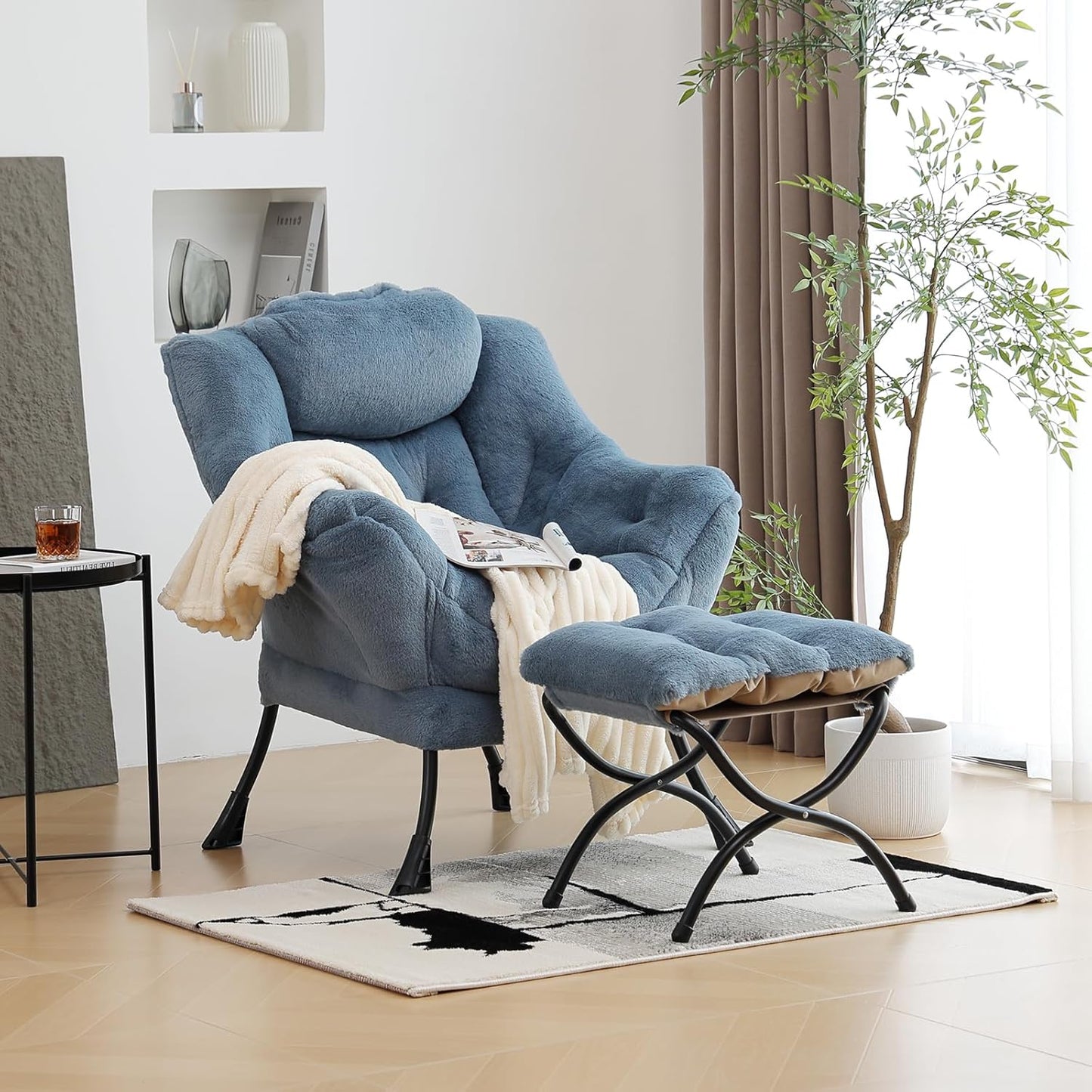 Lazy Chair with Ottoman, Modern Chair with Folding Footrest, Lounge Accent Chair, Comfortable Reading Chair (Plush Light Blue)