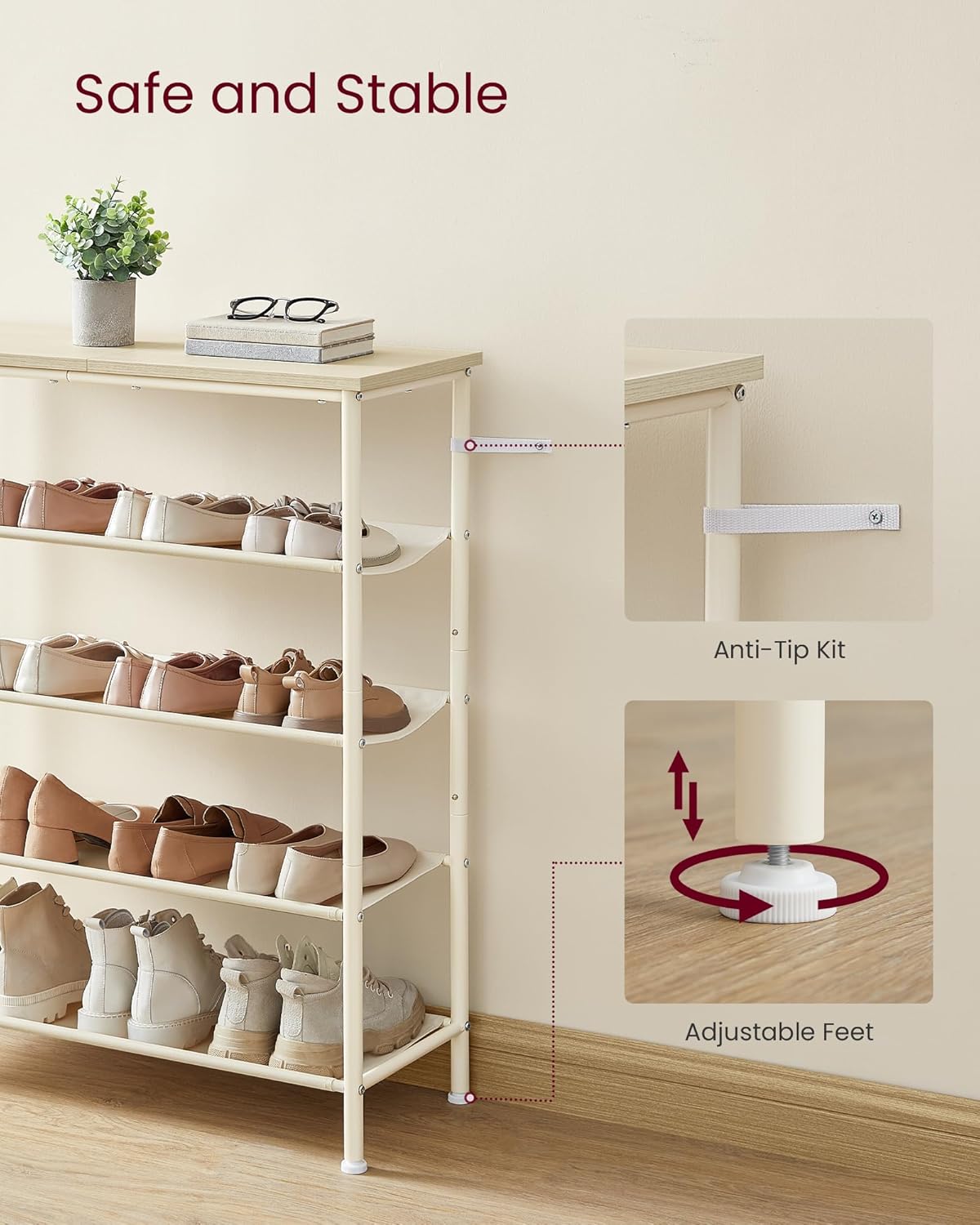 VASAGLE Shoe Rack, 5-Tier Shoe Storage Organizer for Entryway and Closet, Holds 12-16 Pairs of Shoes, 4 Fabric Shelves, Steel Frame, Modern, Natural Beige and Pearl White ULBS036K01