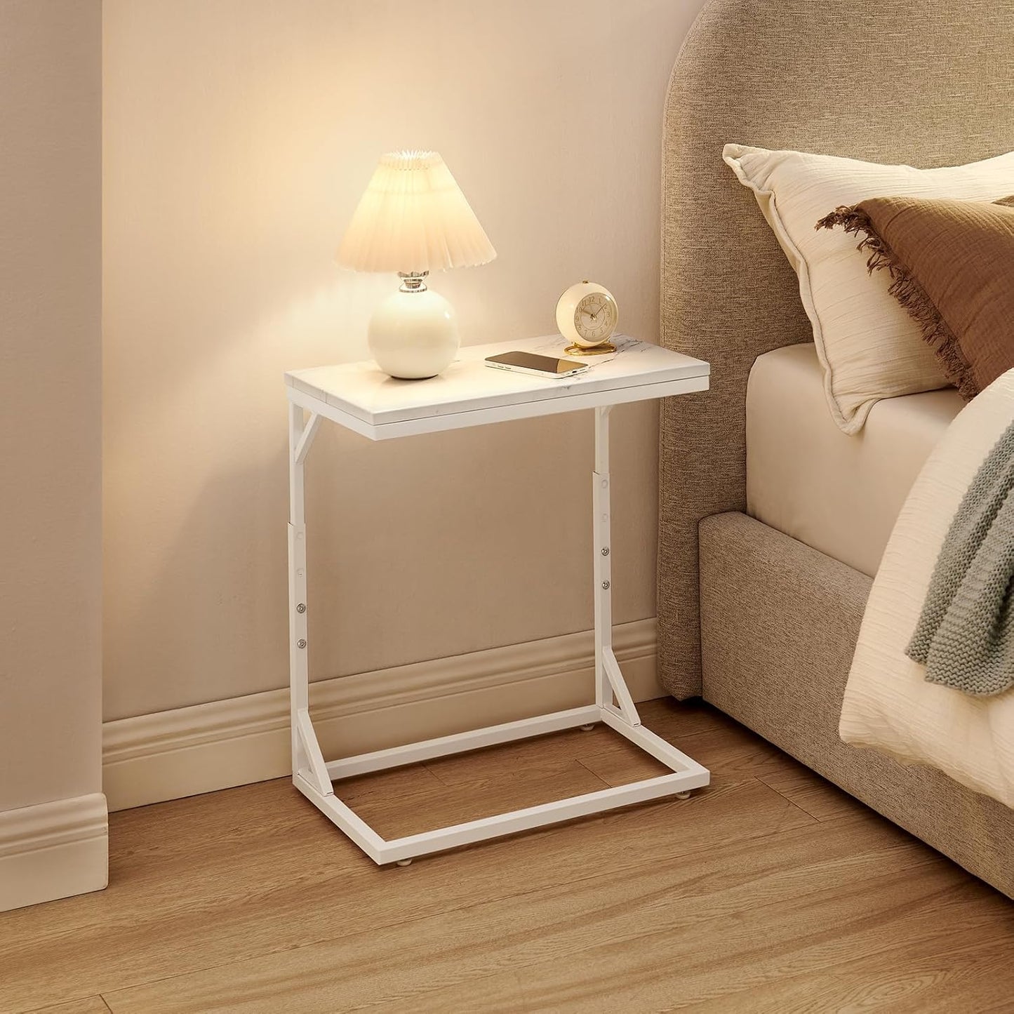 C-Shaped End Table, Small Sofa Table with Metal Frame, Adjustable Height Side Table for Couch, Living Room, Bedroom, Bedside (White, Medium)