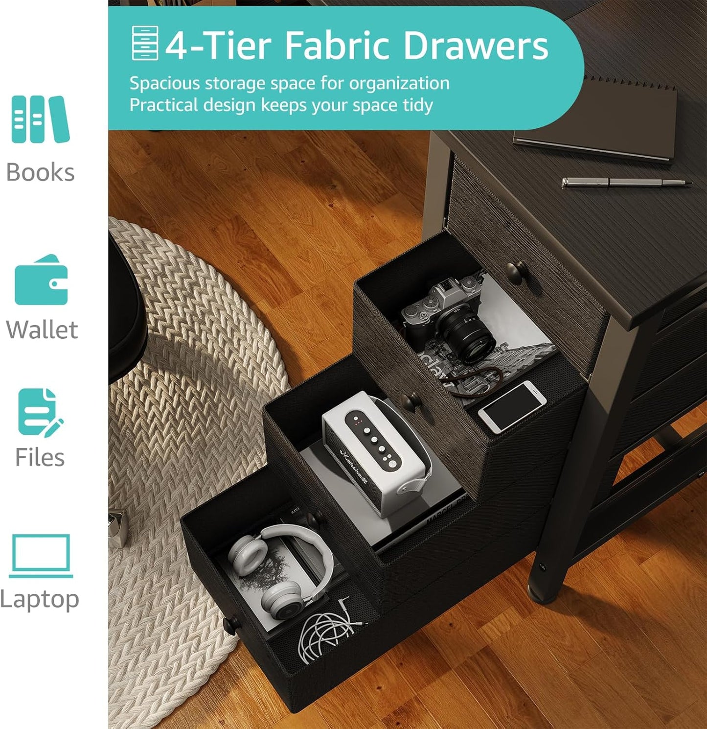 Lufeiya Gaming Desk with 4 Fabric Drawers & Storage Shelves, 47 inch Computer Writing Work Study Desk for Home Office Bedroom, Modern Simple Student PC Desks Table, Black