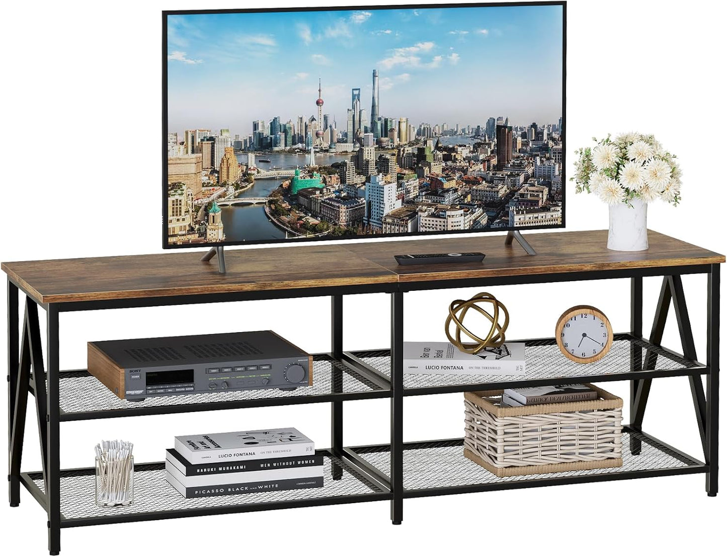 TV Stand for TVs up to 65 Inch, 55" Long Industrial TV Console Table with 3-Tier Storage Shelves, Entertainment Center for Living Room, Bedroom (Rustic Brown)