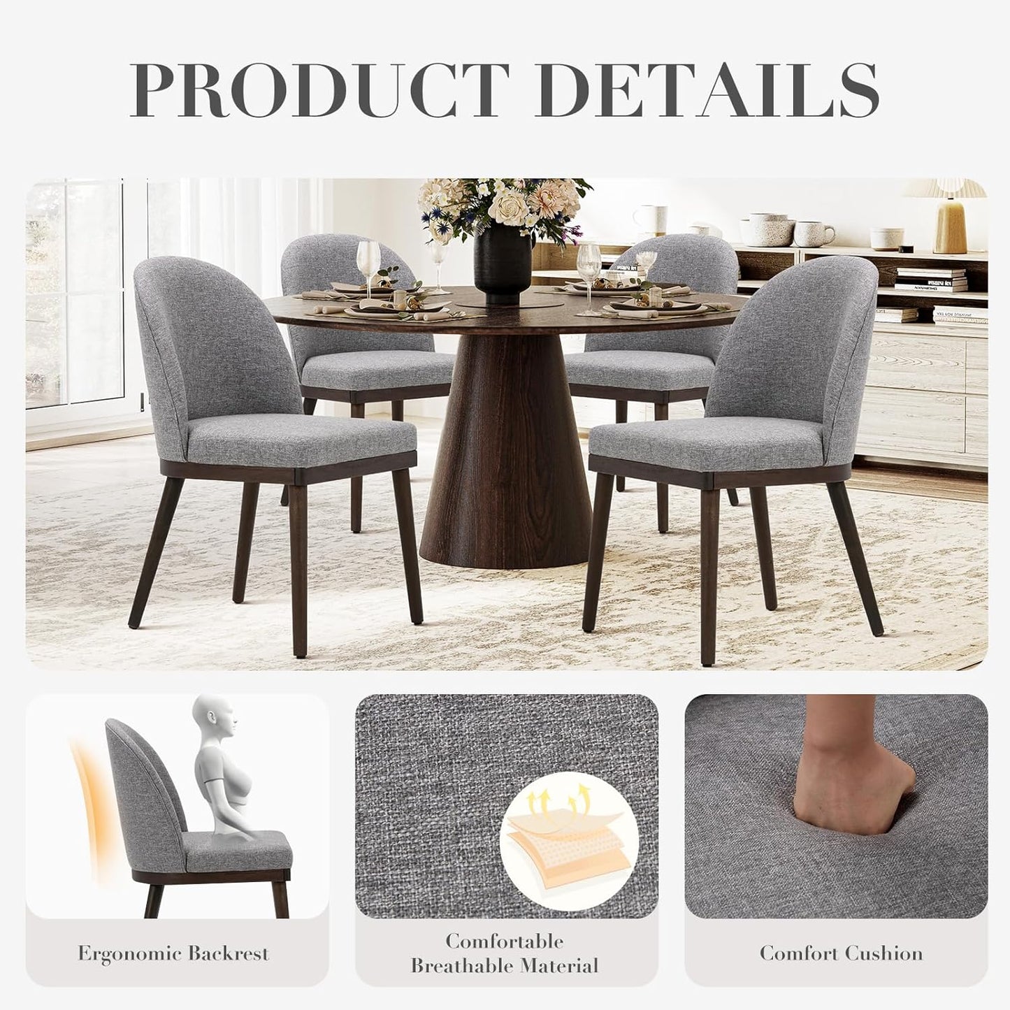 COLAMY Upholstered Dining Chairs Set of 2, Wooden Kitchen Chairs with Open Back, Modern Dining Room Chairs with Wood Frame, Dinner Side Chairs for Dining Room Kitchen Restaurant, Dark Grey