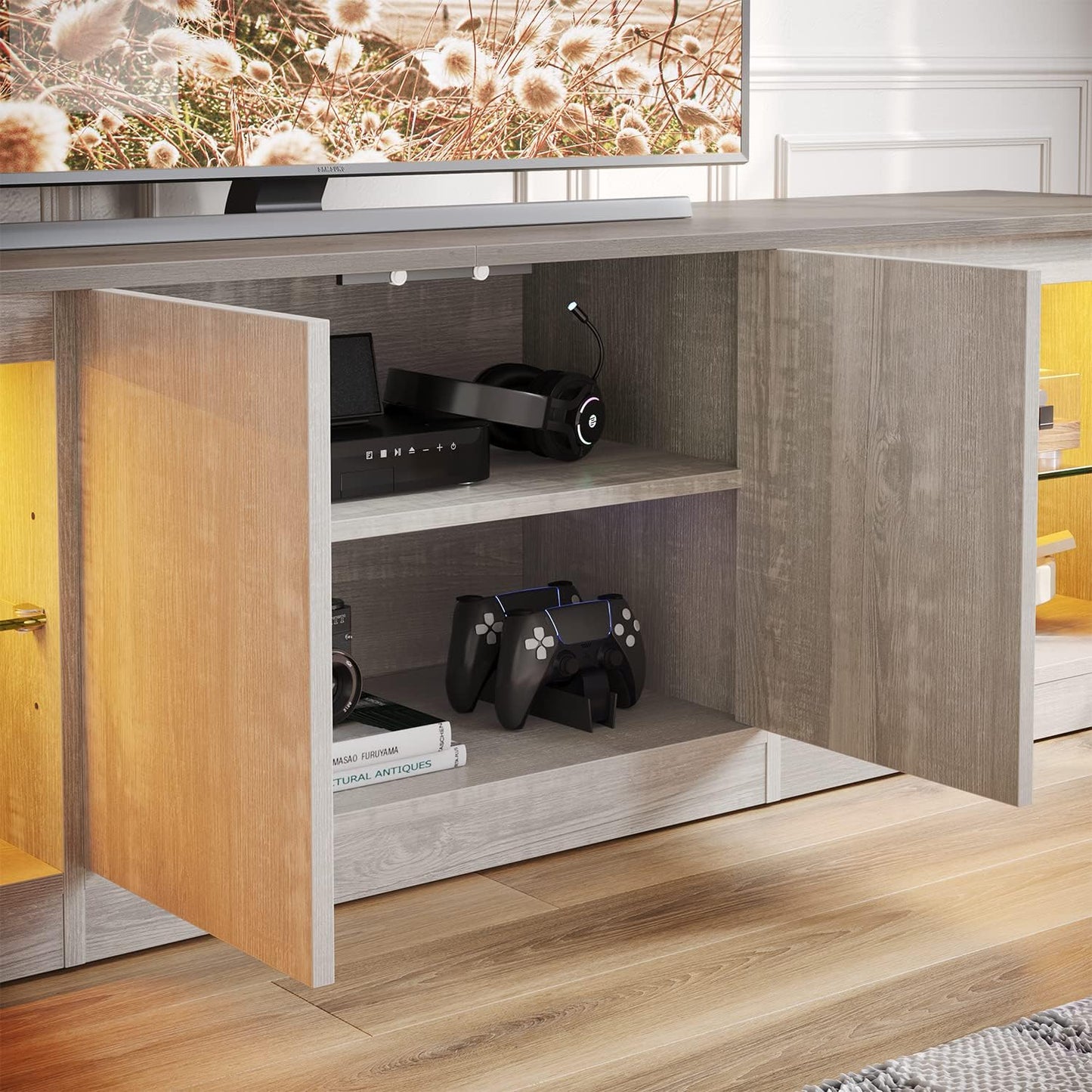 Bestier 70 Inch Led TV Stand for 75 Inch TV Large Entertainment Center Gaming with Adjustable Glass Shelves Two Cabinets Modern TV Console for Living Room 22 RGB Modes, Wash White