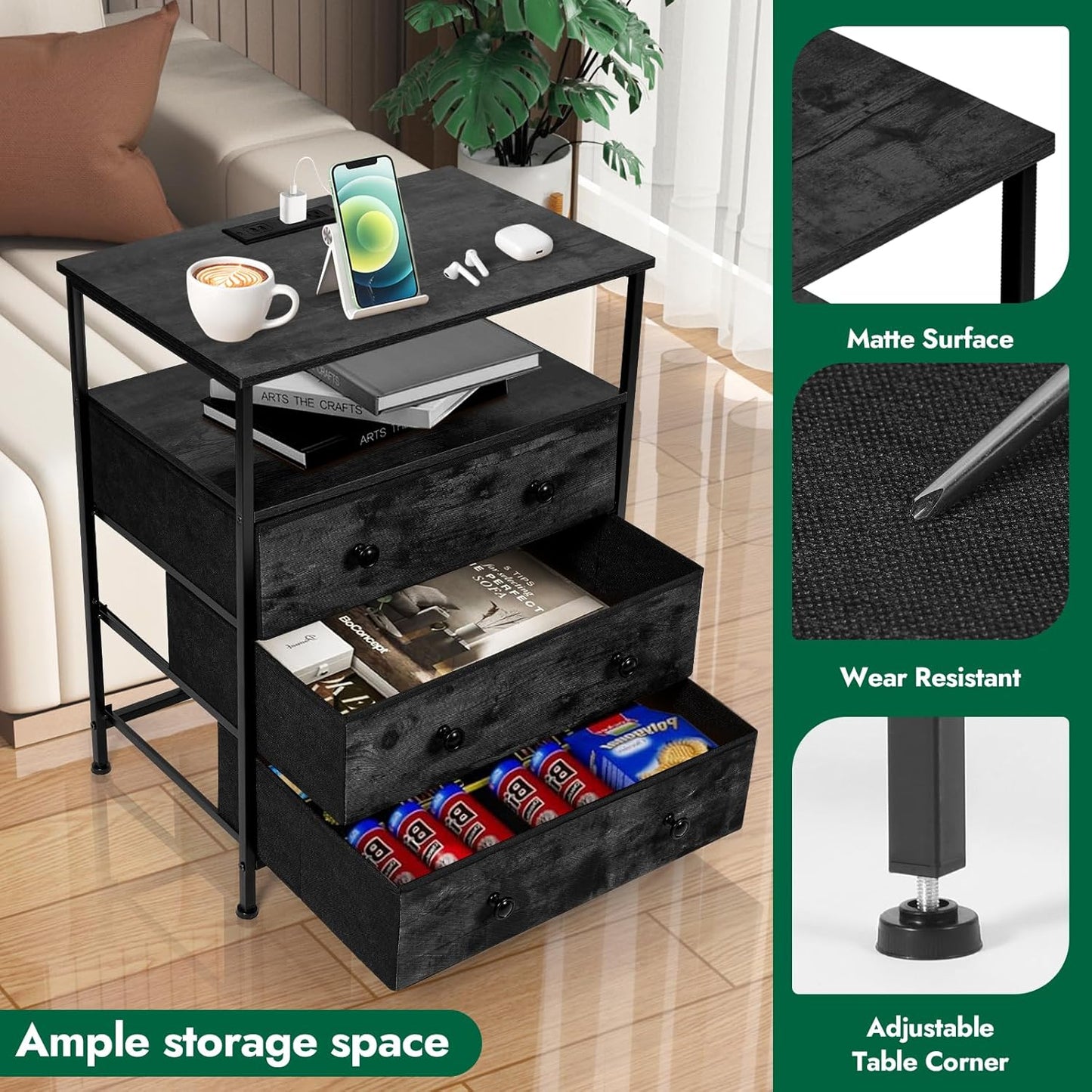 3 Drawers Dresser with Charging Station, 24 Inch Wide LED Night Stand with Adjustable Fabric Drawer, Nightstand with Storage Shelf for Living Room/Bedroom/Office, Black.