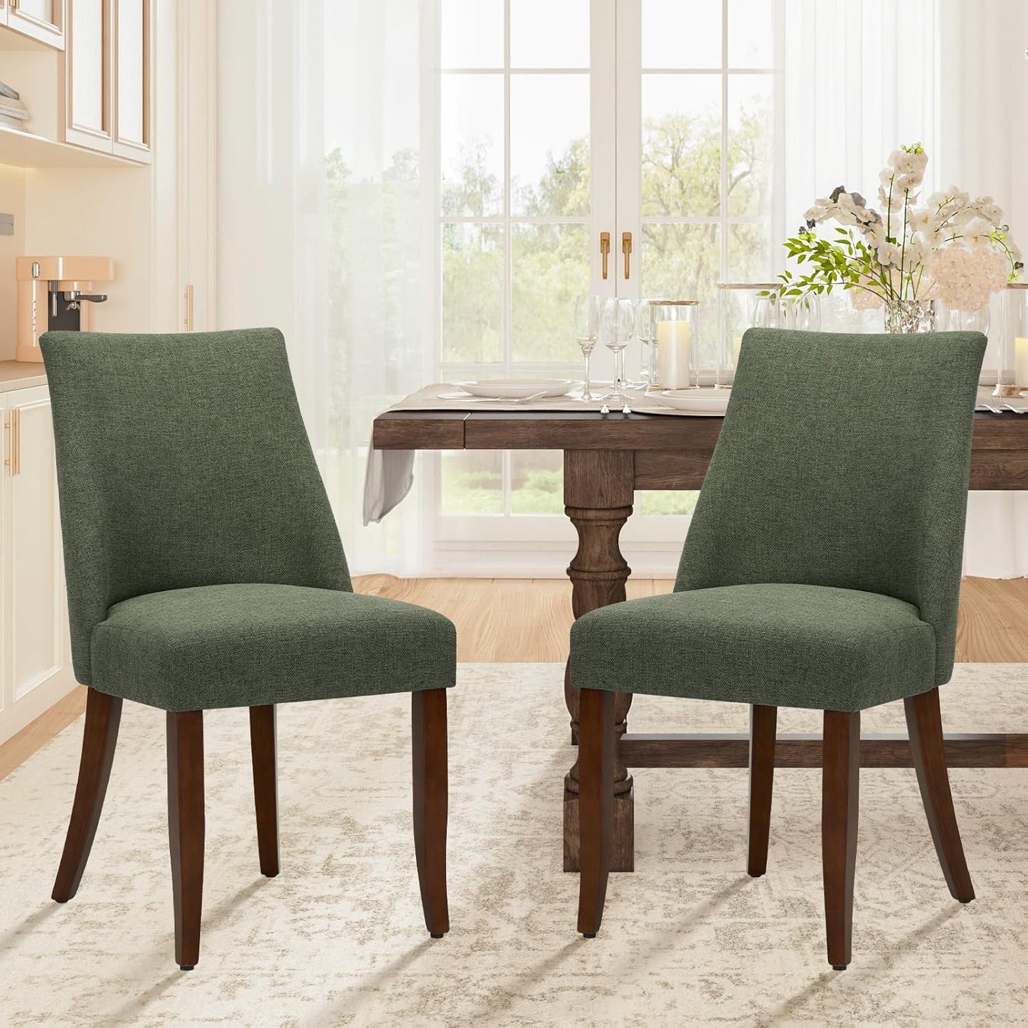 COLAMY Upholstered Dining Chairs Set of 2, Mid Century Modern Kitchen Chairs with Back, Farmhouse Fabric Side Dining Room Chairs with Wood Legs for Dining Room Restaurant, Green