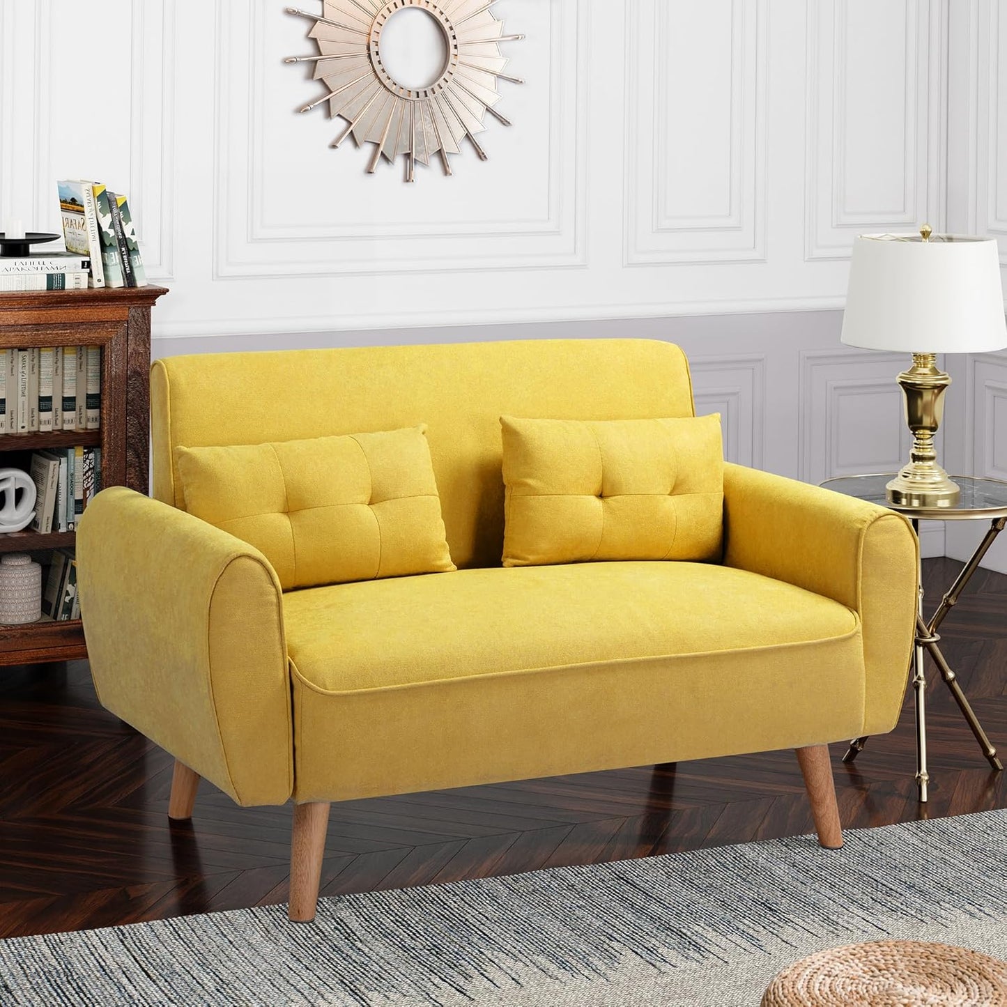 Shintenchi 47" Small Modern Loveseat Couch Sofa, Fabric Upholstered 2-Seat Sofa, Love Seat Furniture with 2 Pillows, Wood Leg for Small Space, Living Room, Bedroom, Apartment, Yellow
