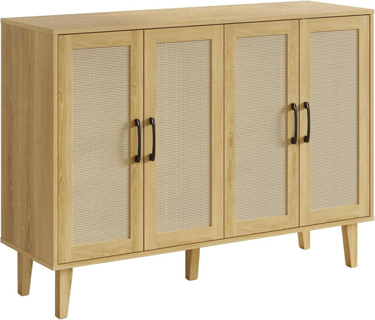 Storage Cabinet with Rattan Trim - 4 Door Sideboard Buffet Cabinet with Storage and Shelves for Bathroom, Coffee Bar, Kitchen, Living Room, Hallway (Natural Wood)