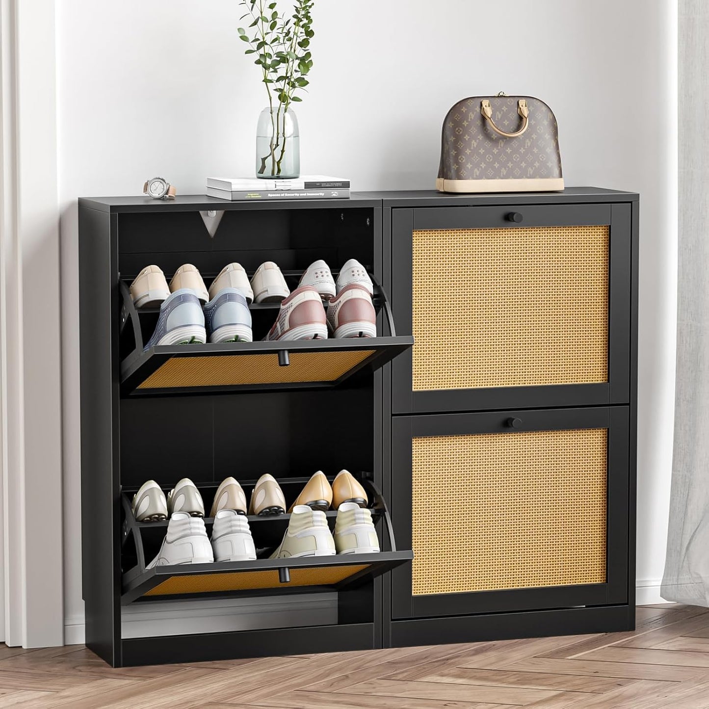 Rattan Shoe Cabinet for Entryway Slim, Entrance Shoe Cabinet with Flip Drawers Narrow, 2 Tier Hidden Shoe Organizer for Foyer, Dorm, Small Space, Black