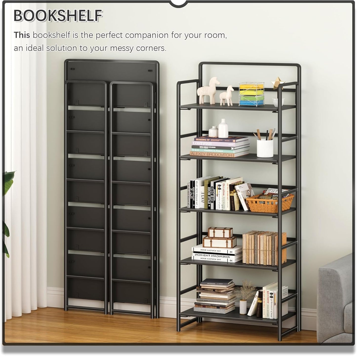 4NM No-Assembly 5 Tiers Folding Bookshelf Storage Shelves Vintage Bookcase Standing Racks Study Organizer Home Office (All Black)