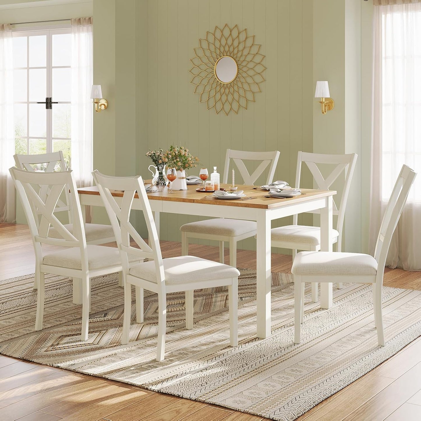 7-Piece Farmhouse Solid Wood Dining Table Set with 6 Chairs, 60" Rectangular Dining Table & Chair Set for 6 People, Dining Table with Wood Legs, Table Set for Dining room, Kitchen, Rustic Cream