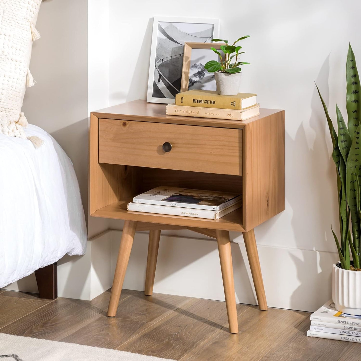 Walker Edison Mid Century Modern 1-Drawer Nightstand Bedroom Storage Drawer and Shelf Bedside End Table, 24 Inch, Natural Pine