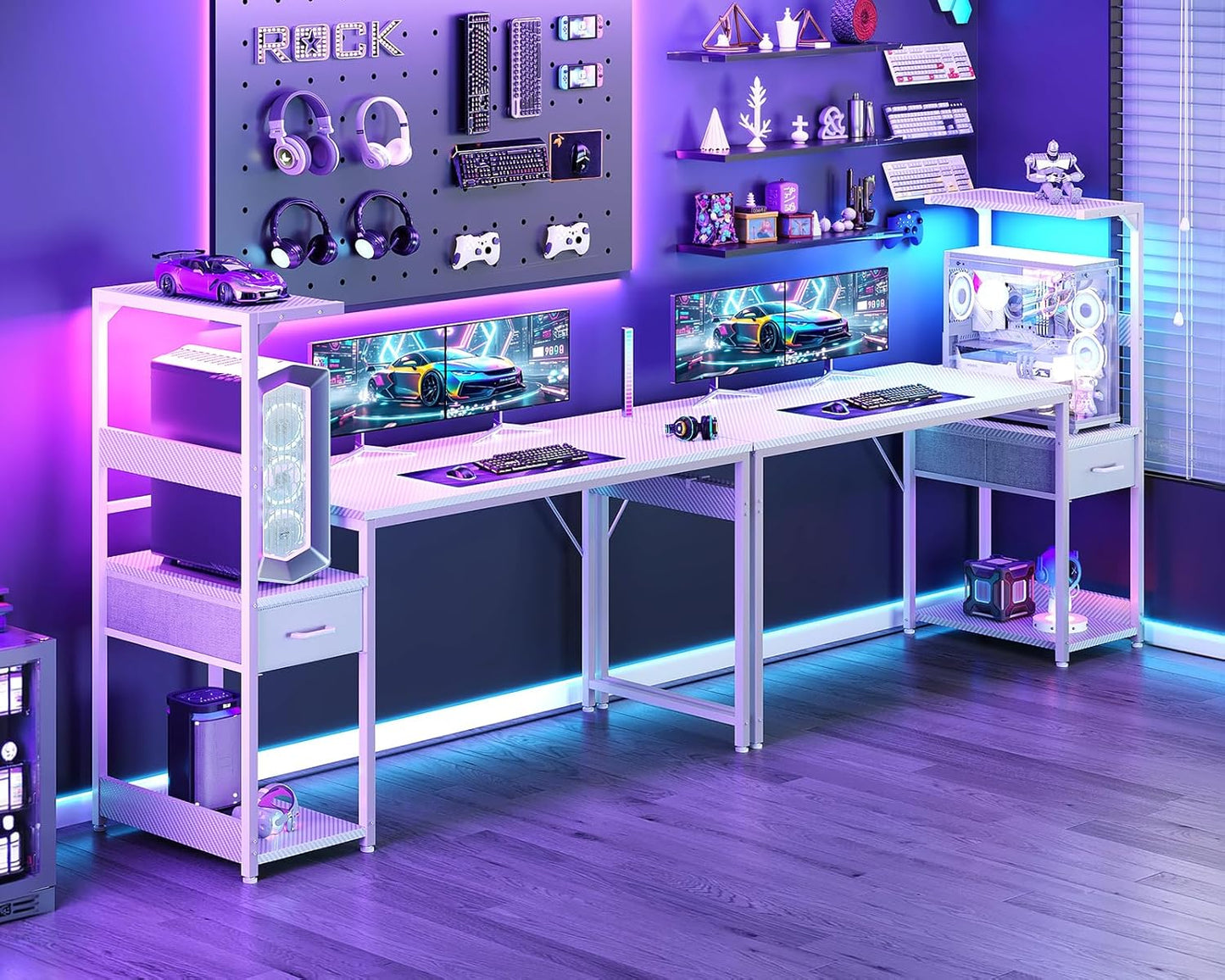 Casaottima 54 Inch Gaming Desk with Storage & LED Lights, Reversible Computer Desk with Display Shelves & Fabric Drawer, Modern Gamer Desk Table with Side Headphone Hook, Carbon Fiber White