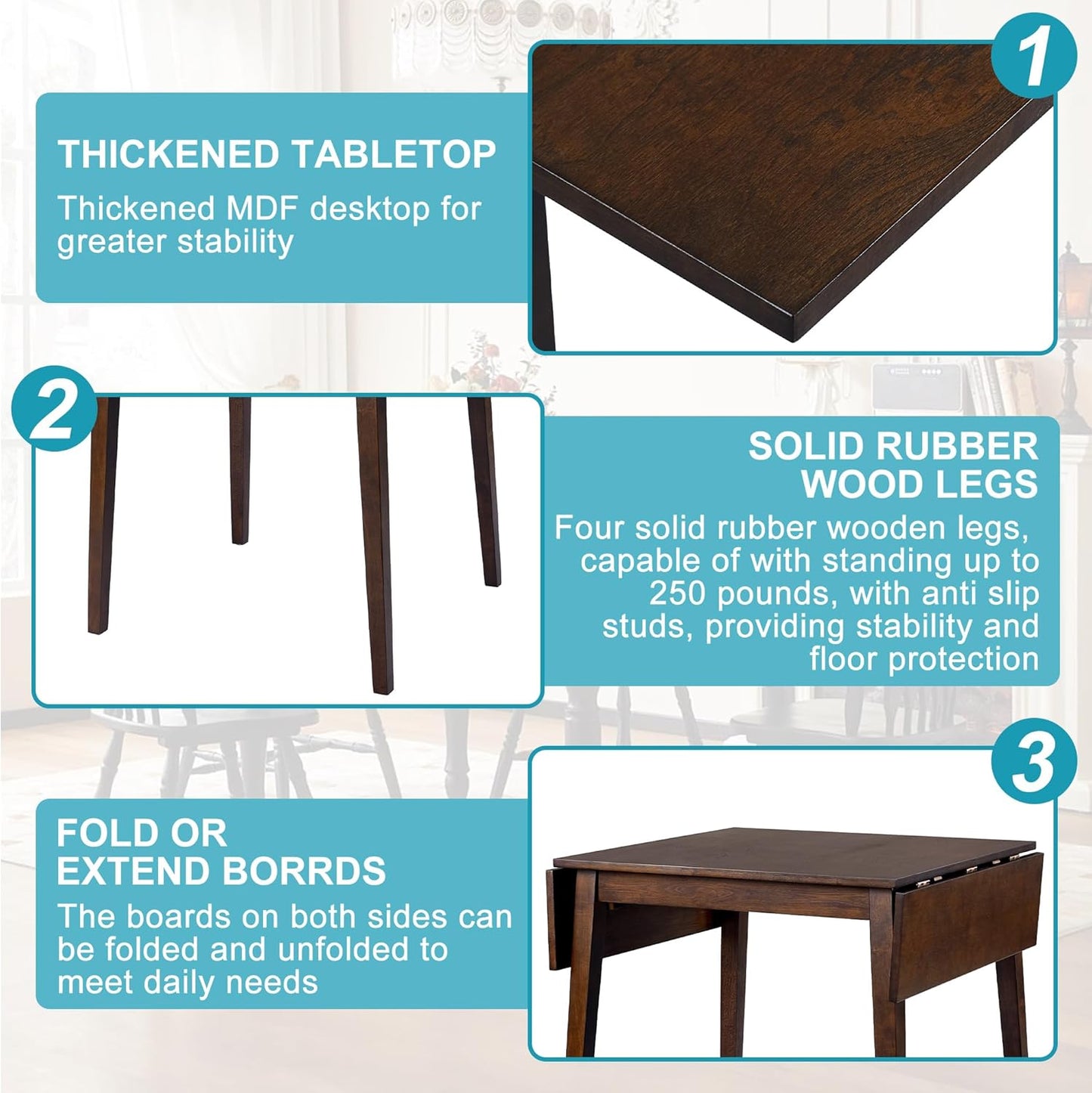 29"- 45" Extendable Dining Table for 2-4, Folding Square Dinner Table Small Kitchen Dining Room Tables with Wood Legs for Small Space, Kitchen, Living Room, Dark Brown