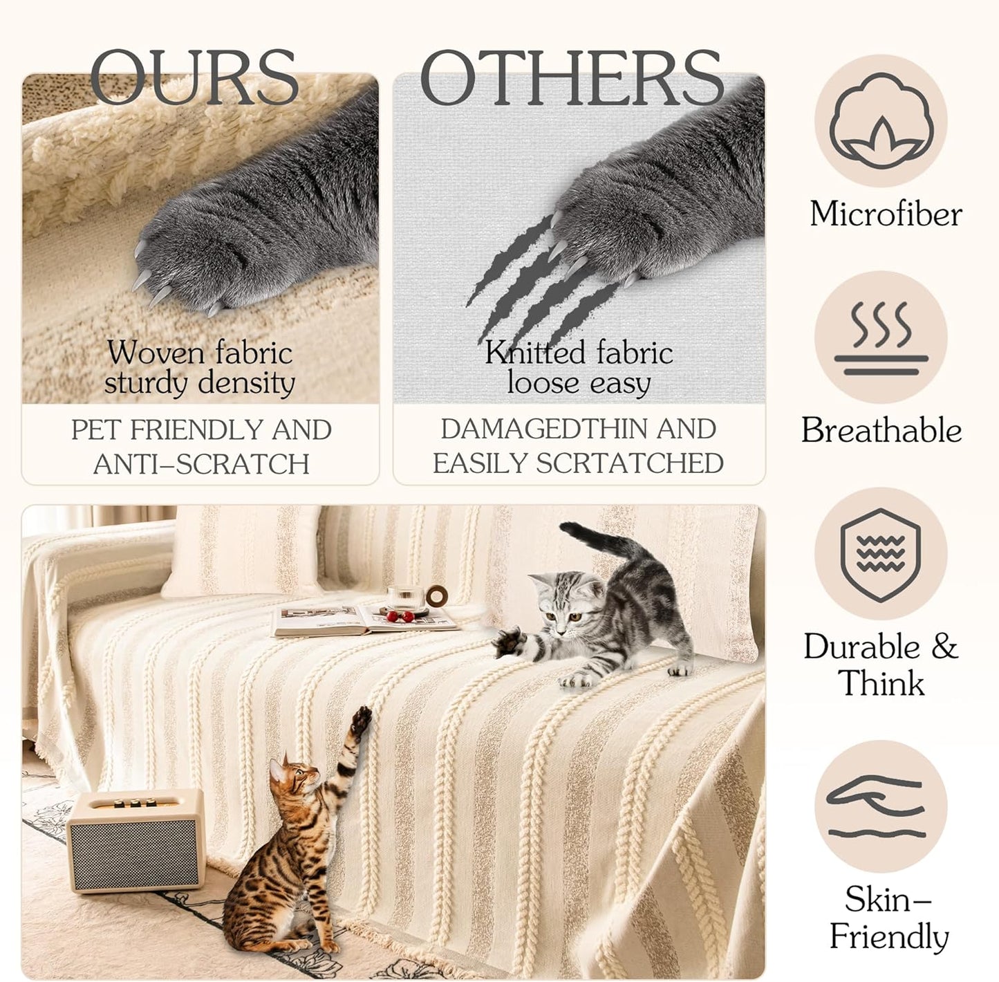 Couch Cover for Dogs Washable Sofa Cover, Sectional Couch Covers, Sofa Covers for 2 Cushion Couch, Non Slip Stripe Sofa Slipcovers Furniture Protector, Couch Protector from Cat Claws, Beige,71''x134''