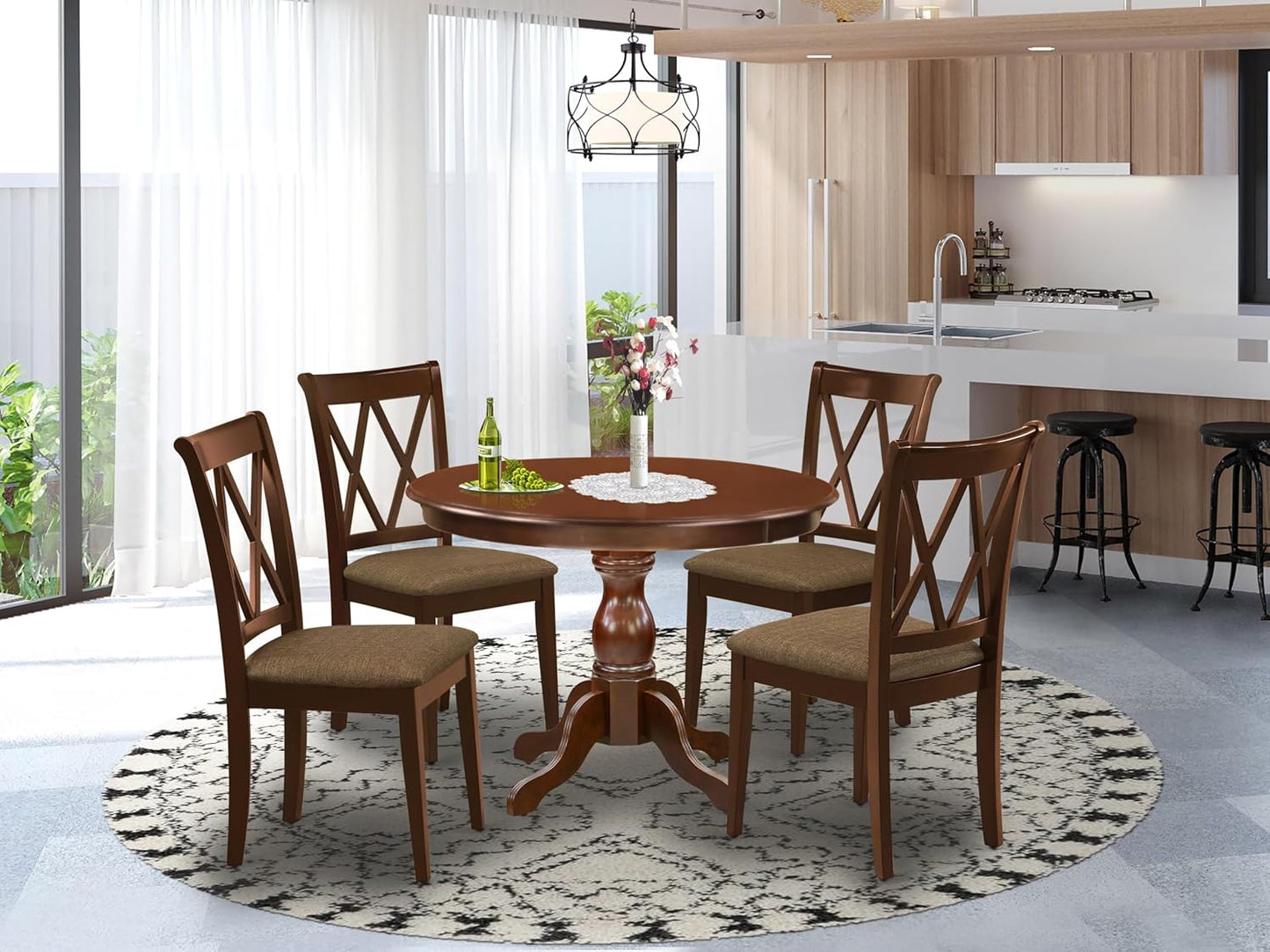 East West Furniture HBCL5-MAH-C 5 Piece Dining Room Table Set Includes a Round Kitchen Table with Pedestal and 4 Linen Fabric Upholstered Dining Chairs, 42x42 Inch, Mahogany