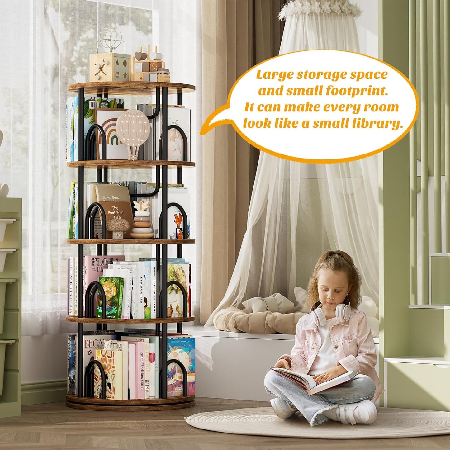 Aheaplus 4 Tier Rotating Bookshelf Tower, 360 Display Spinning Bookcase, Revolving Round Book Shelf Narrow Swivel Bookshelf, Vertical Turning Corner Book Organizer for Small Space, Rustic Brown