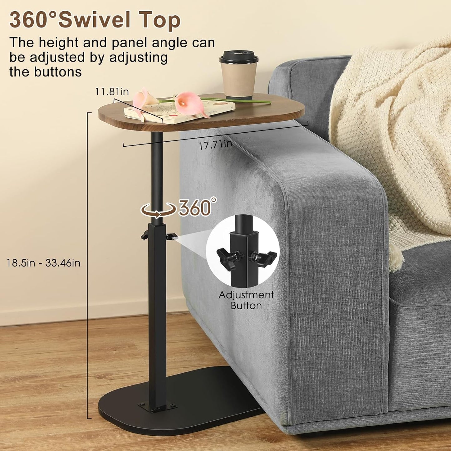 360° Swivel Top C Table for Small Place, Adiustable Height Couch Side Tables That Slide Under SofaModern C Shaped Side Table for Sofa Armrest Tv Tray, Suitable for Coffee, Snack, Drink