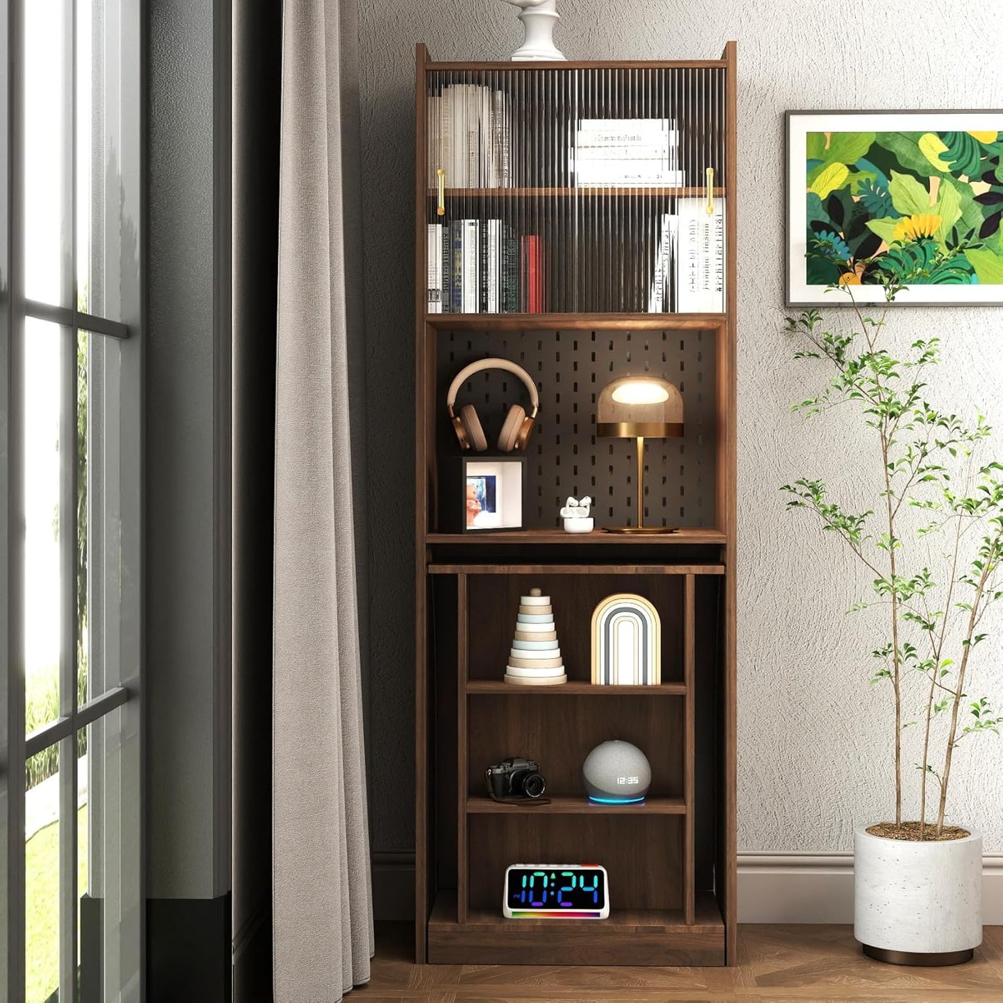 KEIKI Folding Home Office Desks with Pegboard, Glass Doors, Bookshelf & Storage Shelves, Modern Wooden Computer Table Workstation for Work, Study, Writing