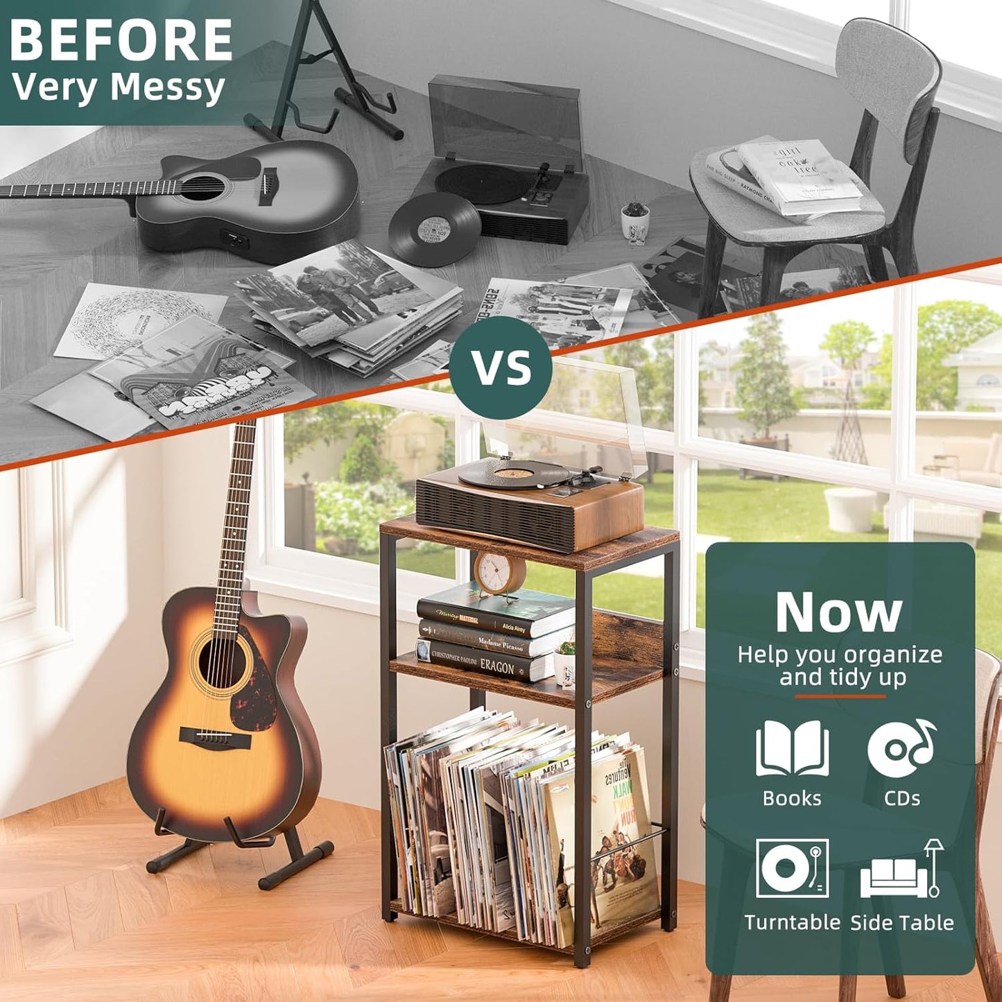 LELELINKY Record Player Stand, 3-Tier End Side Table with Vinyl Record Storage, Vinyl Record Holder Up to 120 Albums, Turntable Stand with Vinyls Storage for Music Living Room