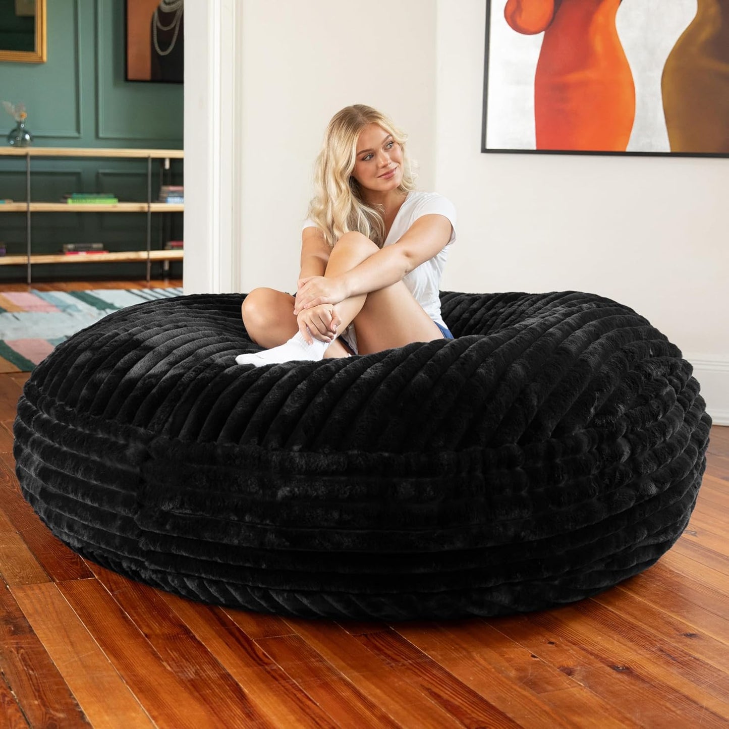 Jaxx 6 Foot Cocoon - 2-in-1 Convertible Bean Bag Bed & Large Bean Bag Chair for Adults, Premium Luxe Faux Fur - Mondo Black