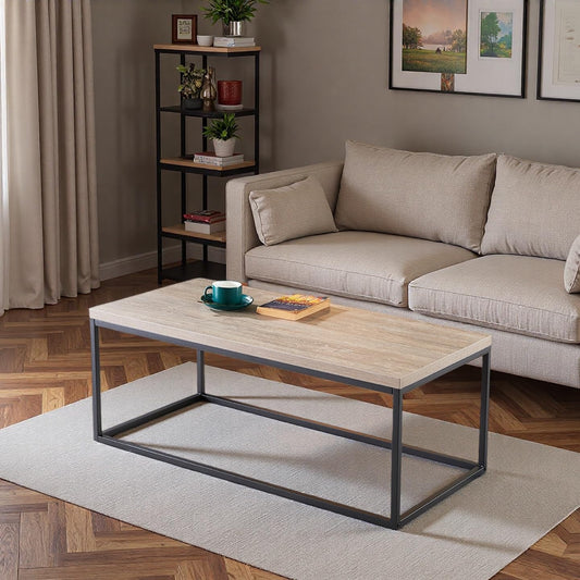 CENSI 40-in Grey Wash Accent Coffee Table Ottoman for Living Room, Rectangle, Mid-Century Modern Industrial Style, Extra Thick Top, Wood and Metal (French Oak)