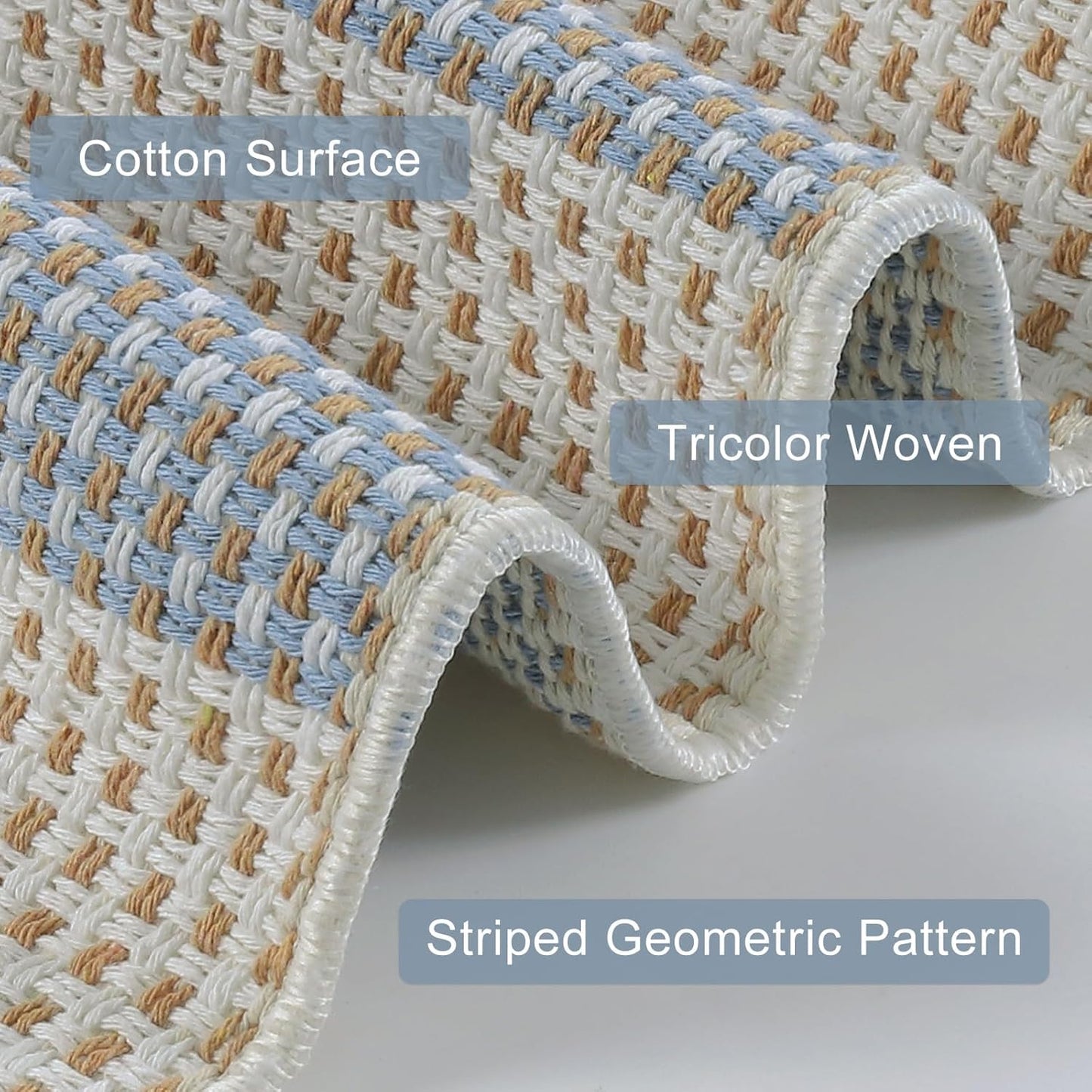 OJIA Striped Outdoor Area Rug 5'x7' Outdoor Rug, Washable Patio Rug Farmhouse Cotton Woven Bedroom Rugs Indoor Outdoor Rugs Living Room Carpet for Dining Room Deck Backyard Camping (Blue/White/Tan)