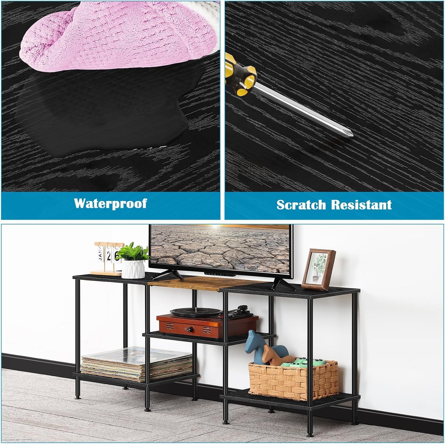 50 inch TV Stand 3 Tier Entertainment Center with Storage Shelves Small Tall Television Console Table with Metal Frame, Industrial TV Cabinet for Living Room Bedroom, Black