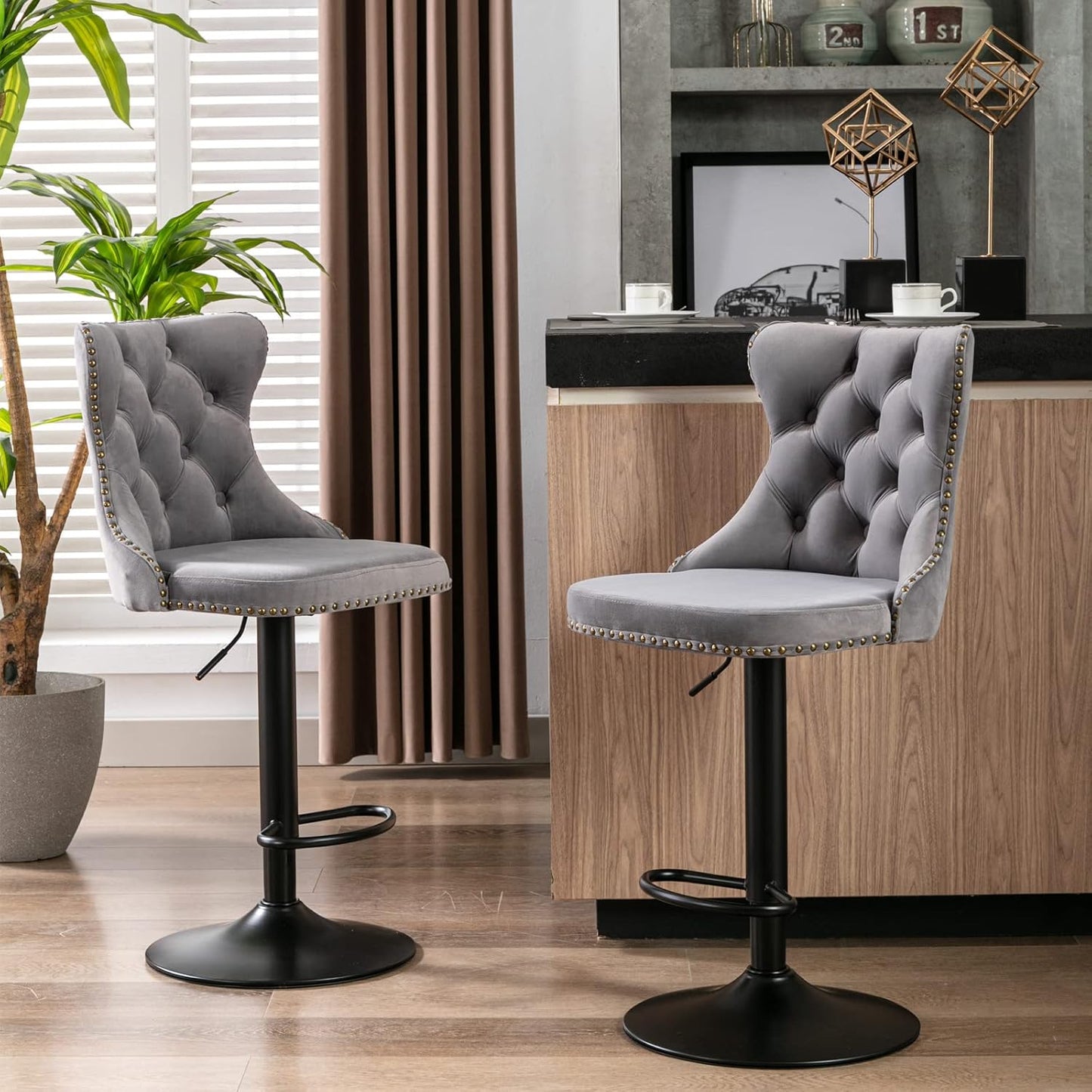 PacknWood Acosure Swivel Velvet Barstools Adjusatble Seat Height from 25-33" with 17.7" Base and Backs Comfortable Tufted,Modern Upholstered Bar Chairs for Home Pub Kitchen,Gray,Set of 2