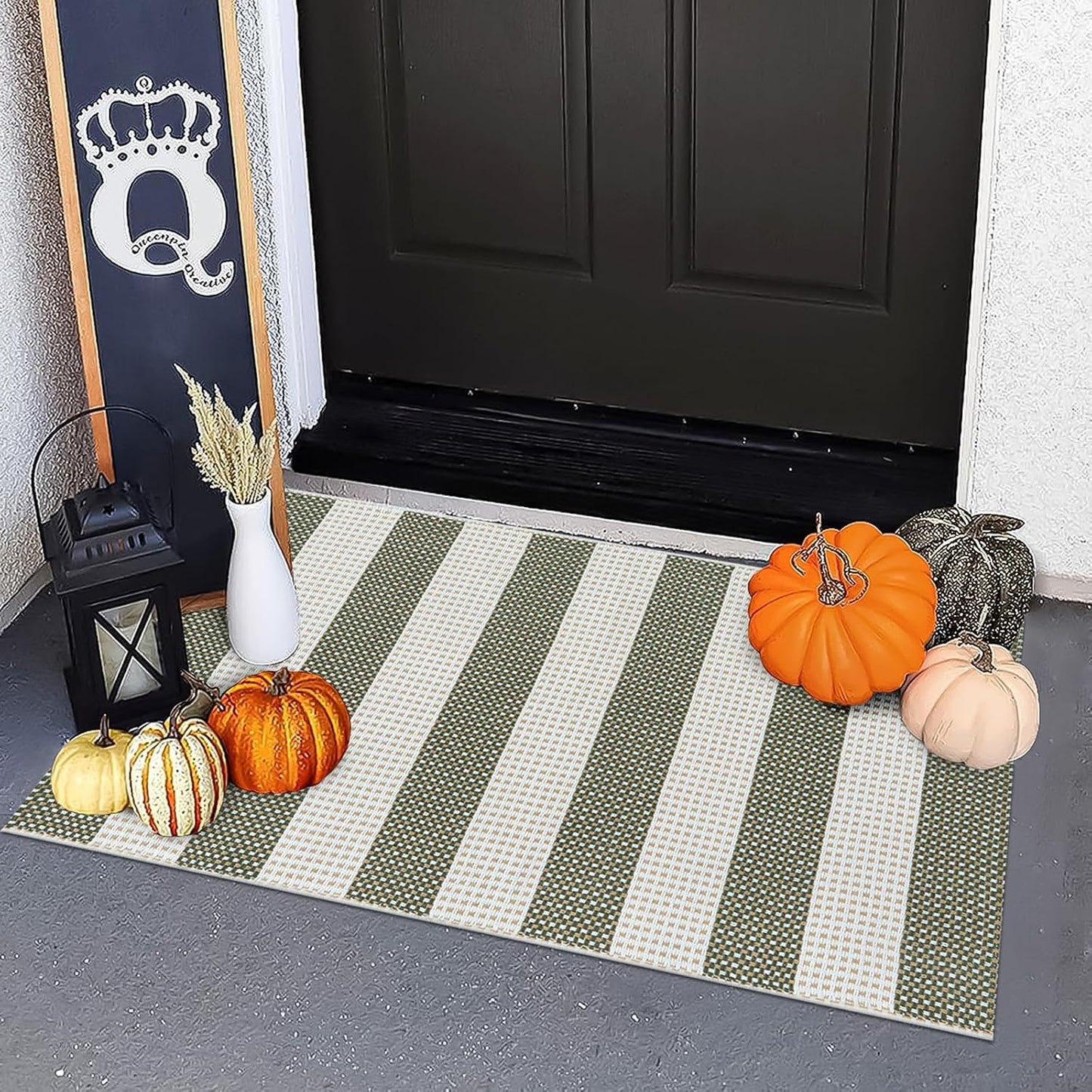 OJIA Fall Front Door Mat 24"x36" Halloween Doormat Striped Porch Rugs Checkered Rug Washable Entry Rug Woven Cotton Indoor Outdoor Rug Small Area Rug for Kitchen Entryway Patio (Green/White/Tan)
