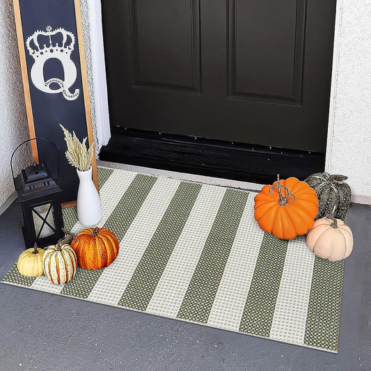 OJIA Fall Front Door Mat 24"x36" Halloween Doormat Striped Porch Rugs Checkered Rug Washable Entry Rug Woven Cotton Indoor Outdoor Rug Small Area Rug for Kitchen Entryway Patio (Green/White/Tan)