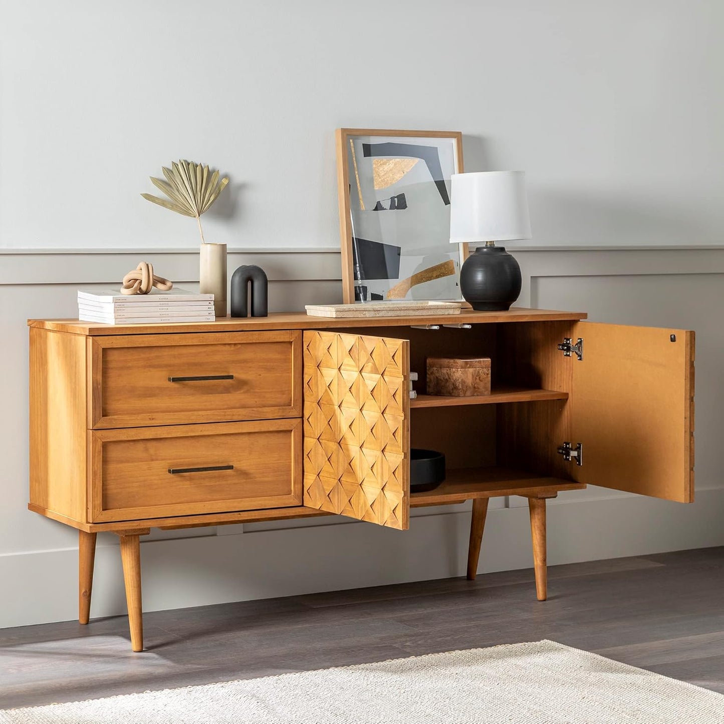 Walker Edison Deluca Boho Solid Wood 2 Door Sideboard with Prism Detail, 58 Inch, Caramel
